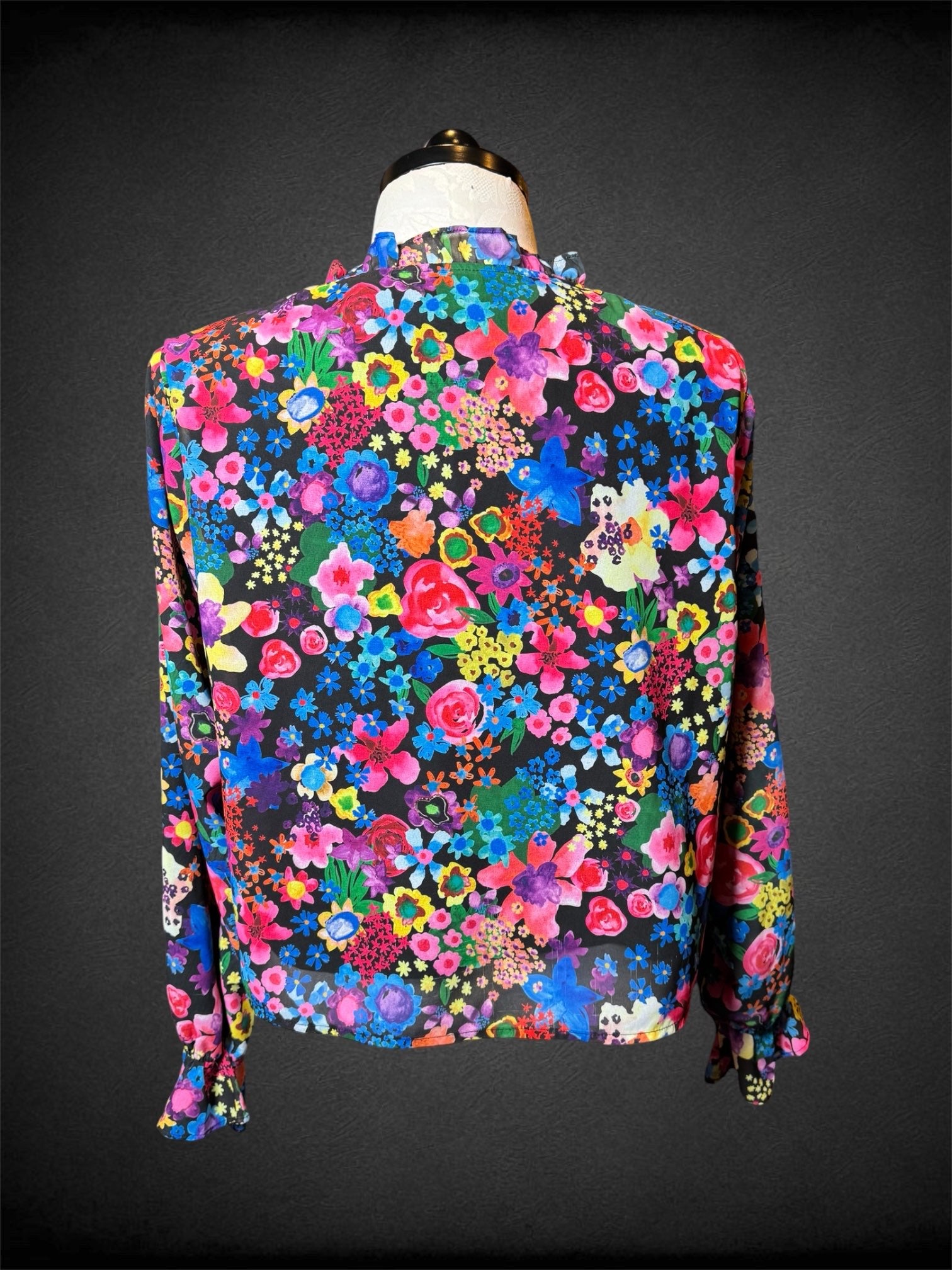 0X Nasty Gal black long sleeve top with multicolor florals, tie on front, and balloon sleeves