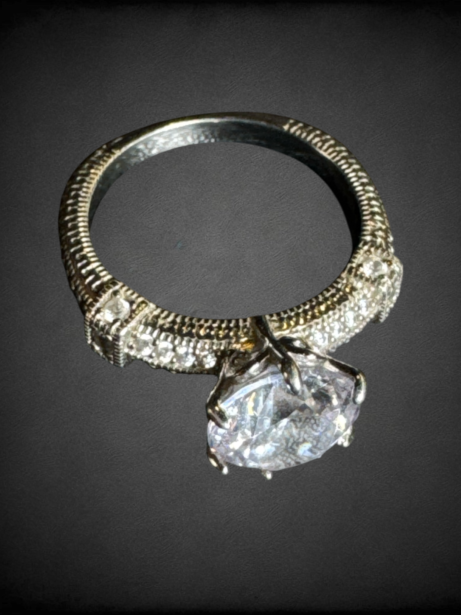 Size 9 Vintage 925 sterling silver Cubic Zirconia solitaire ring with ornate milgrain filigree band by