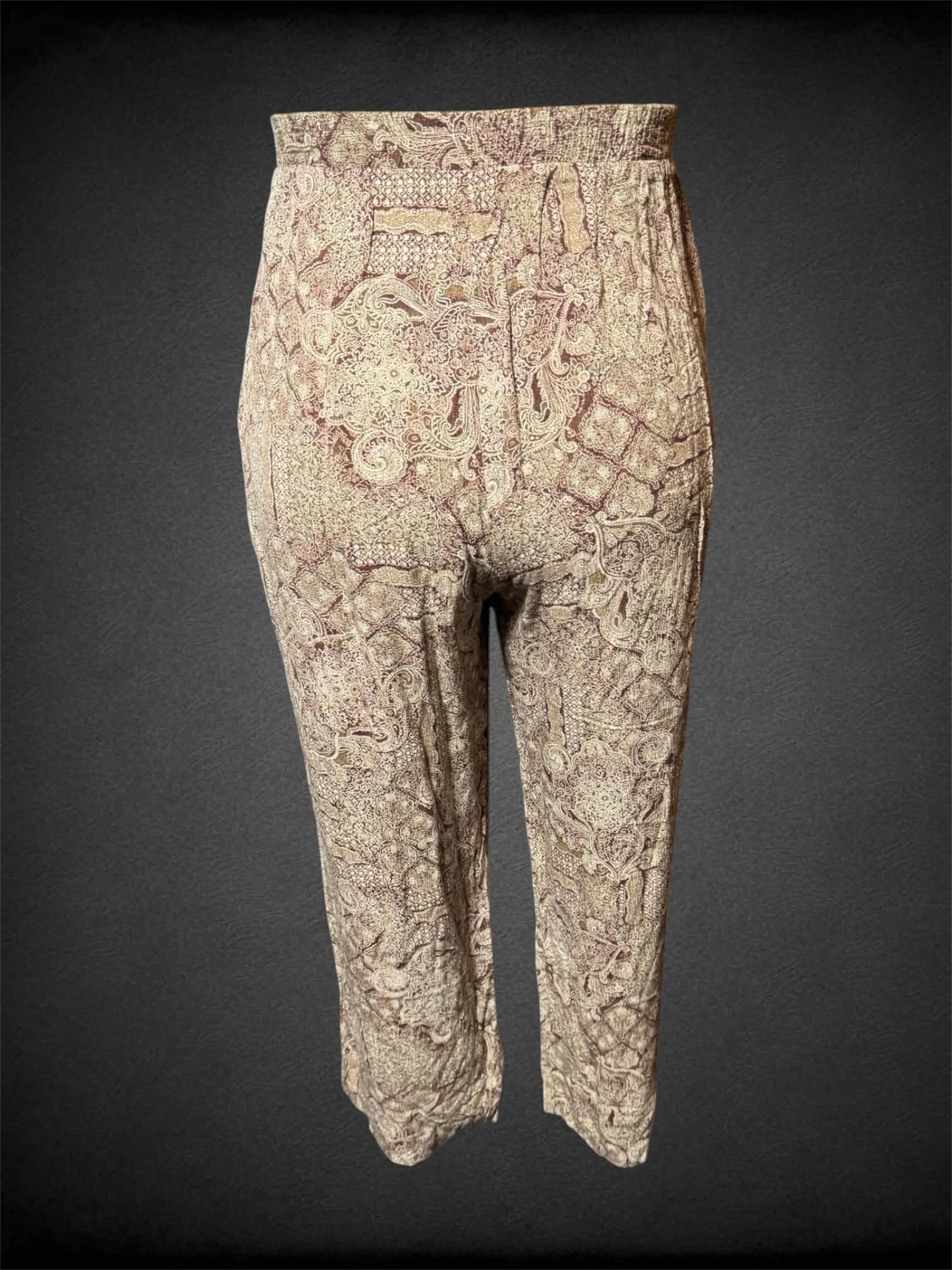 0X Maggie McNaughton brown paisley designed pants with elastic waistband, and pockets