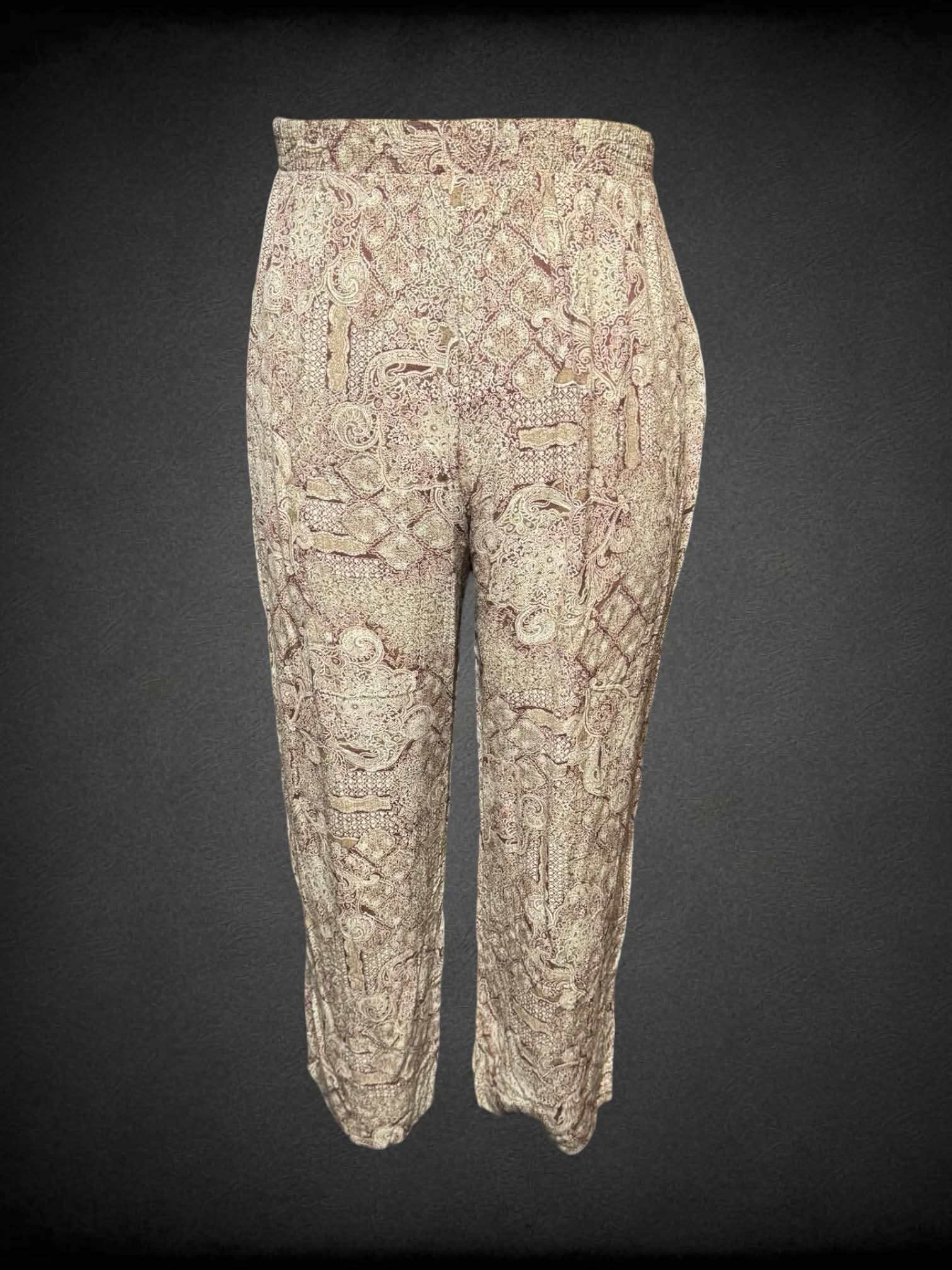 0X Maggie McNaughton brown paisley designed pants with elastic waistband, and pockets