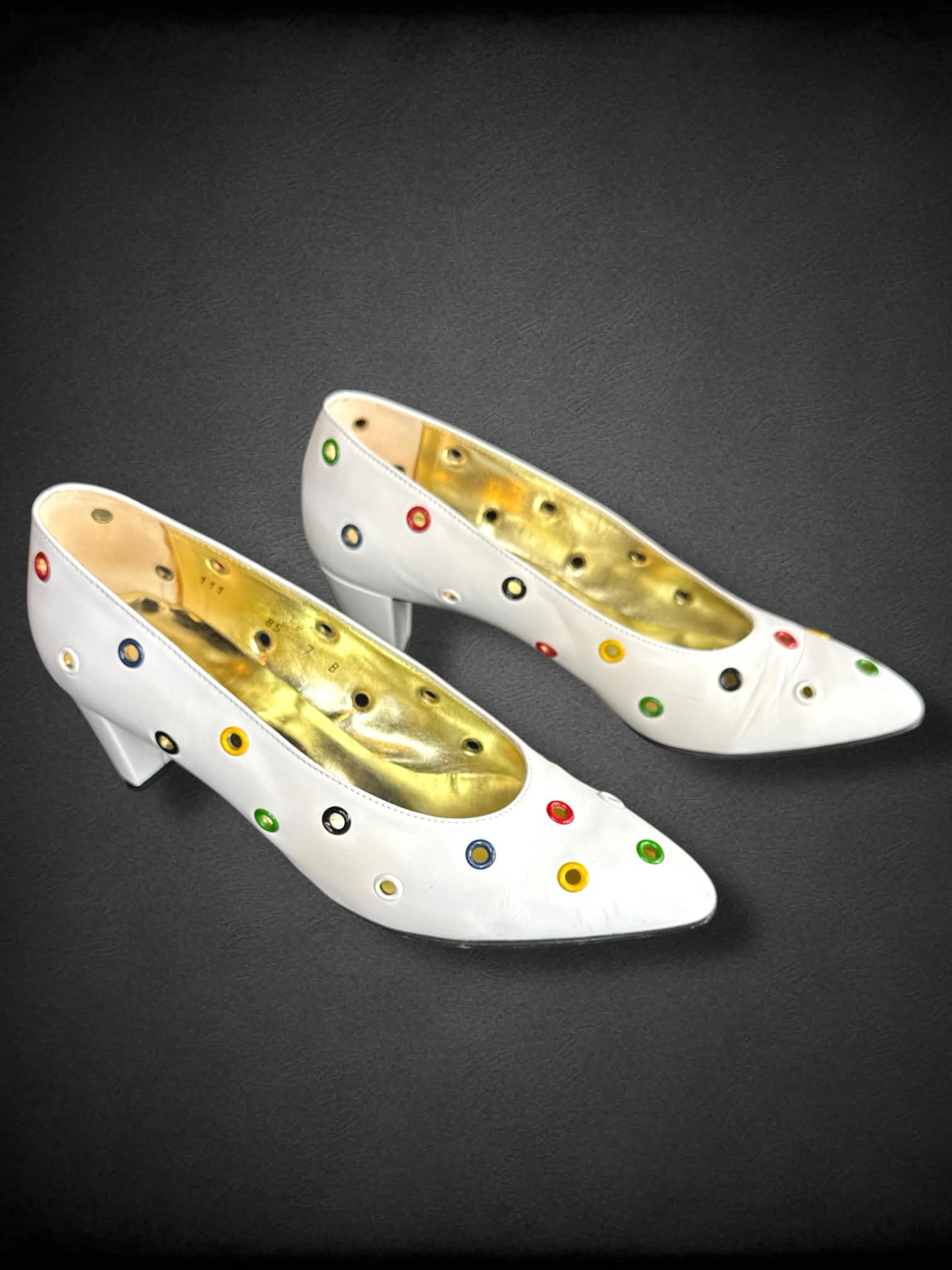 Vintage Walter Steiger size 7 white leather with colorful grommets and gold sole 2 inch heels in original box