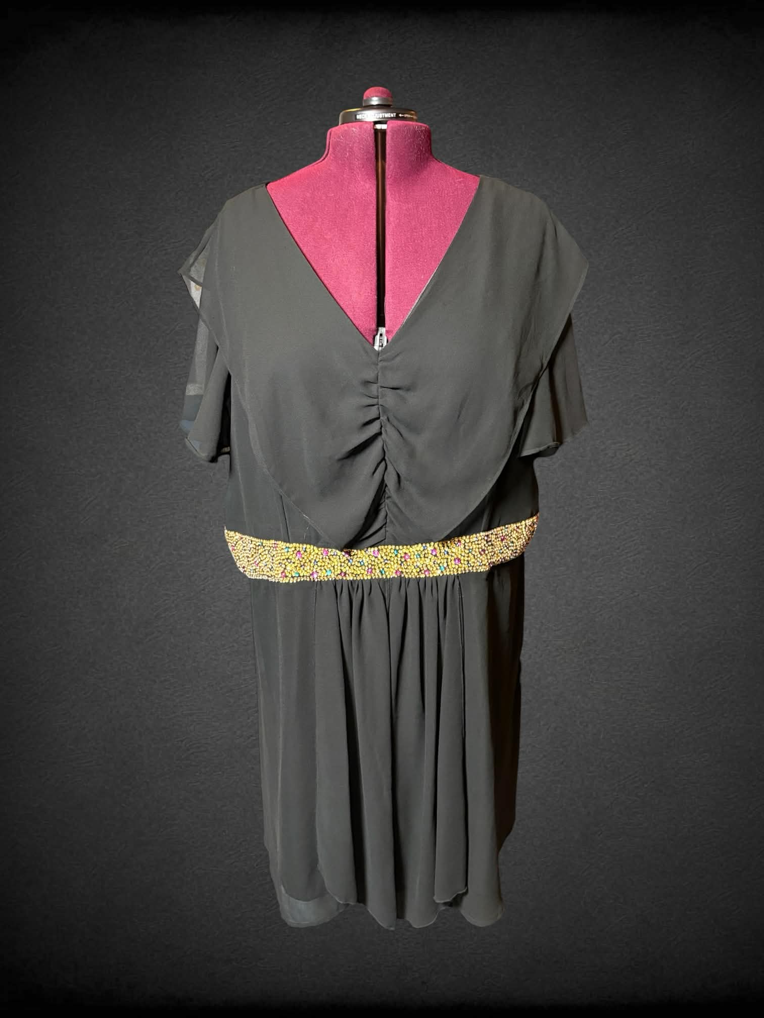 4X Roaman’s vintage black short sleeve dress with lining, and gold bedazzling on waistband