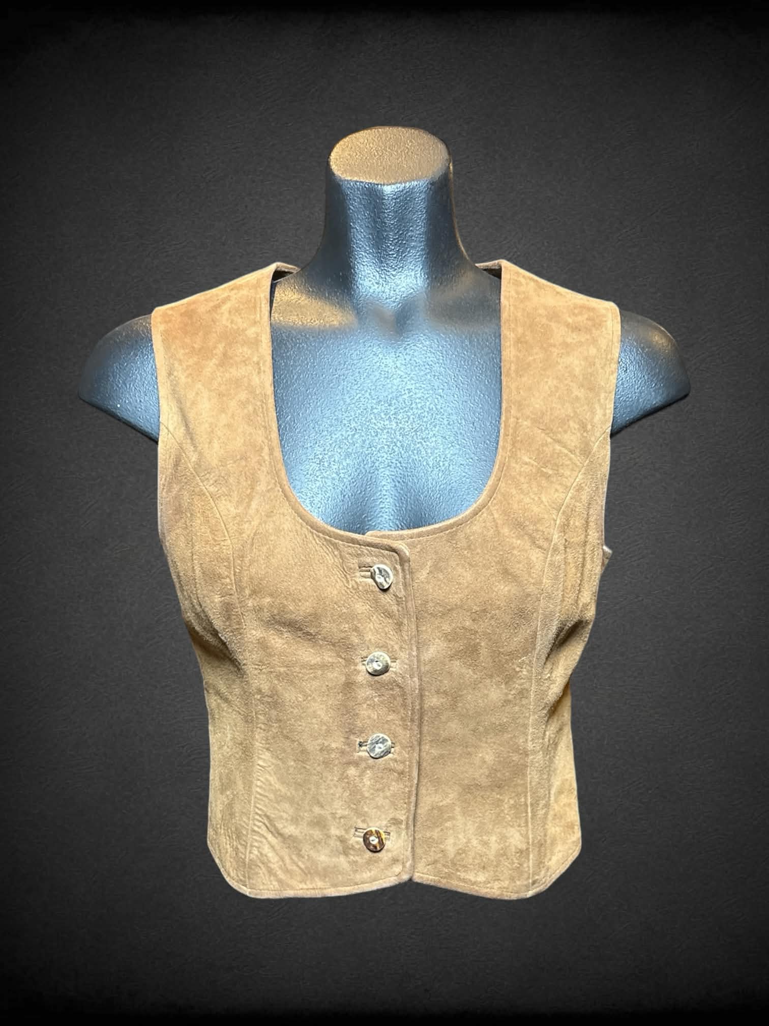 S Wegner vintage brown leather vest with wooden buttons