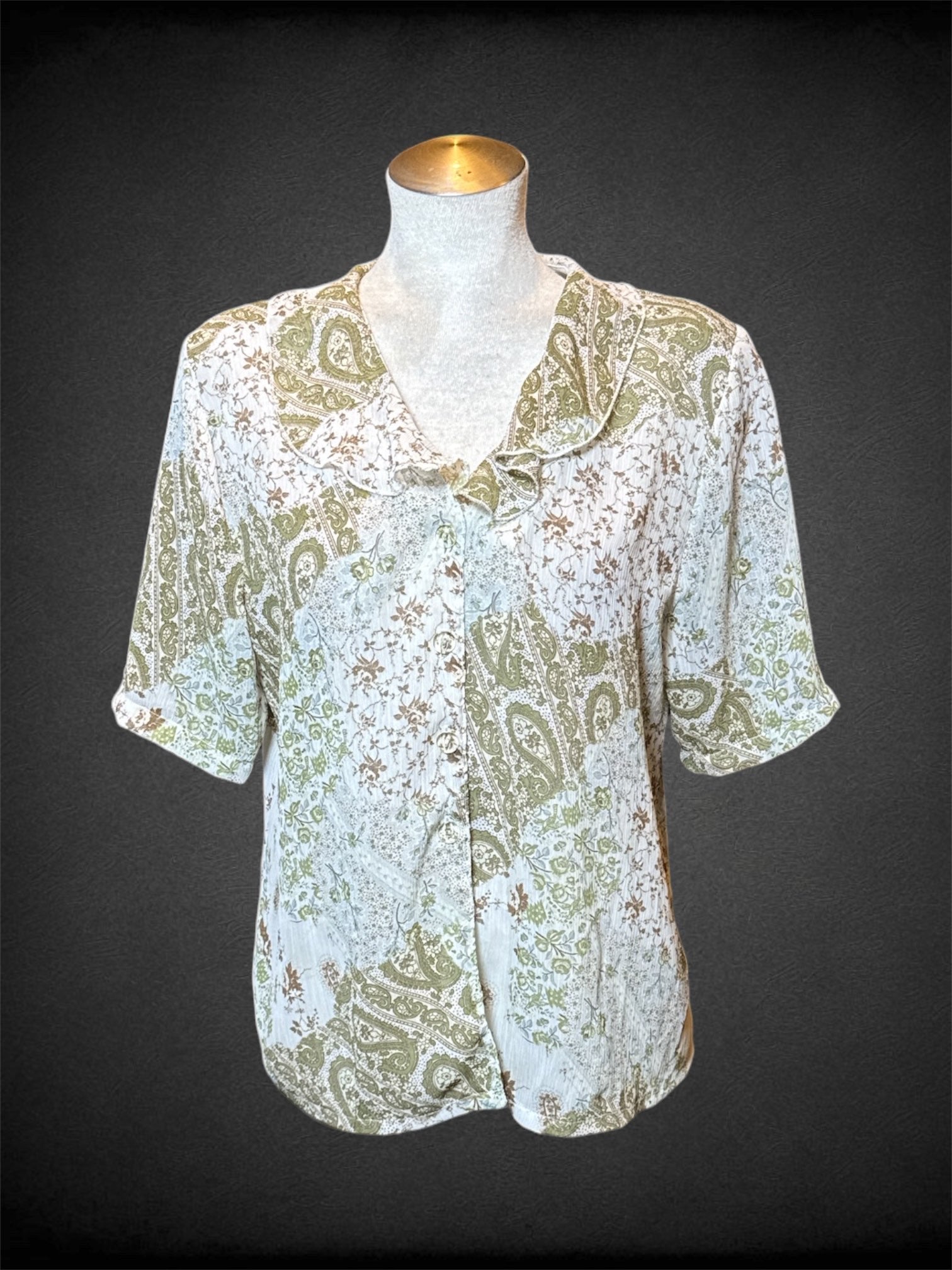 L Off white sheer short sleeve button up with green paisley design