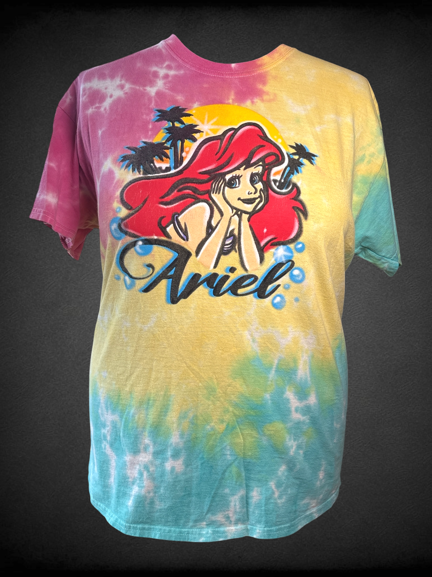 0X Disney Ariel pink, yellow, blue dyed t-shirt