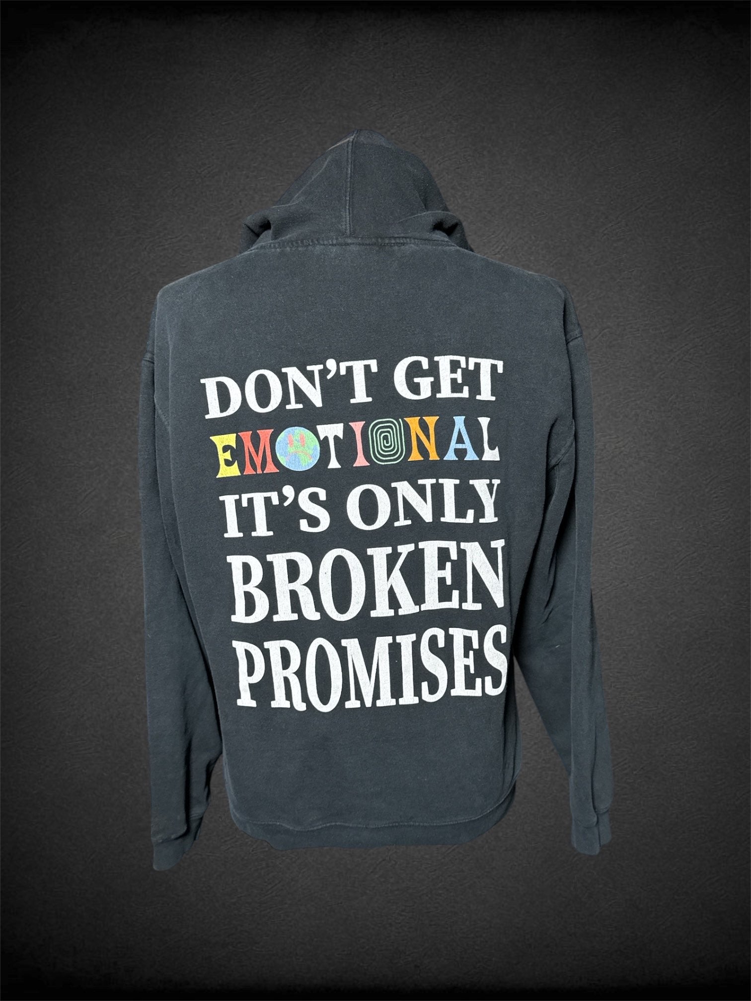 XL Broken Promises black hoodie with “Emotional” graphics on front and back