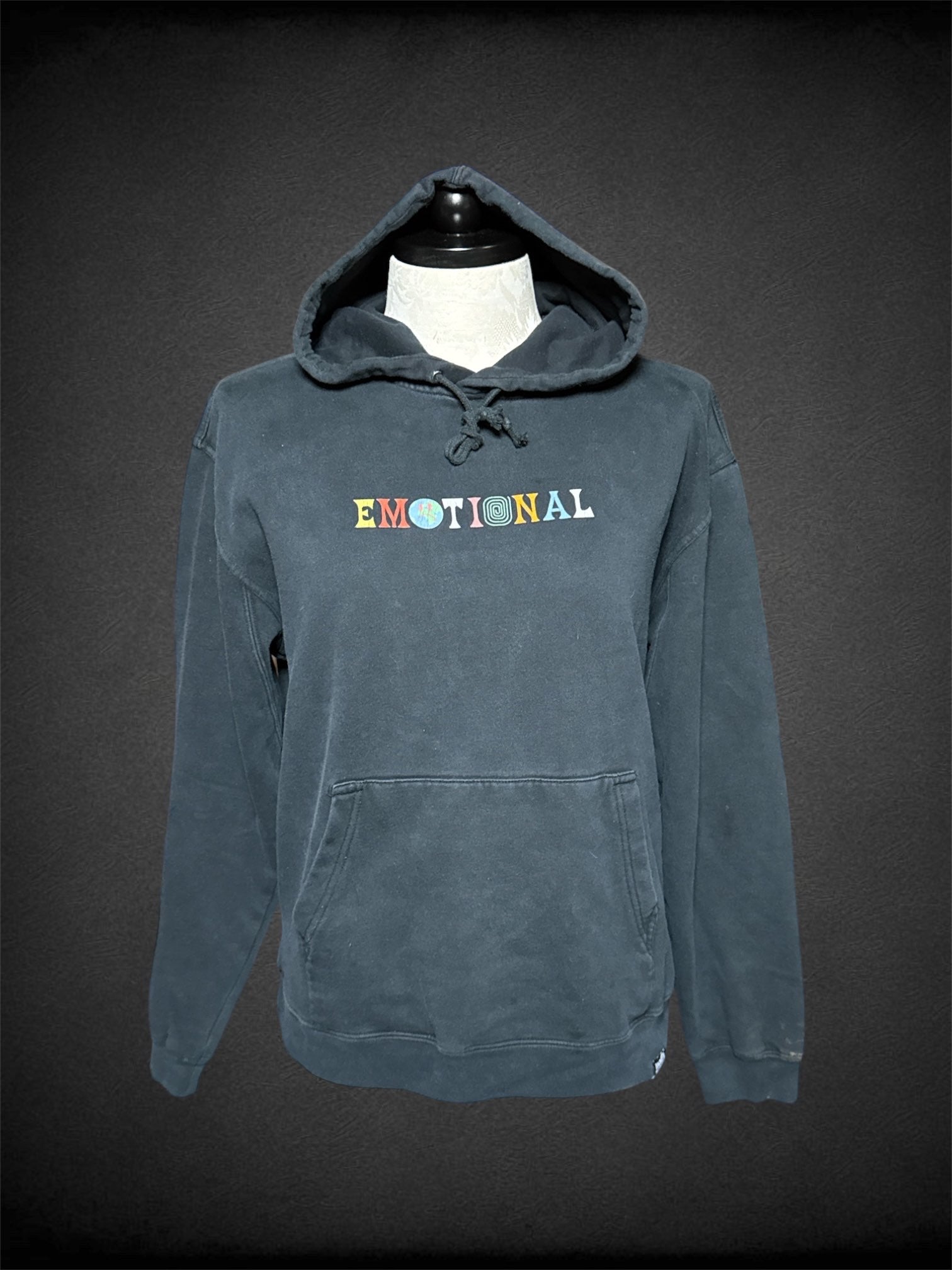 XL Broken Promises black hoodie with “Emotional” graphics on front and back