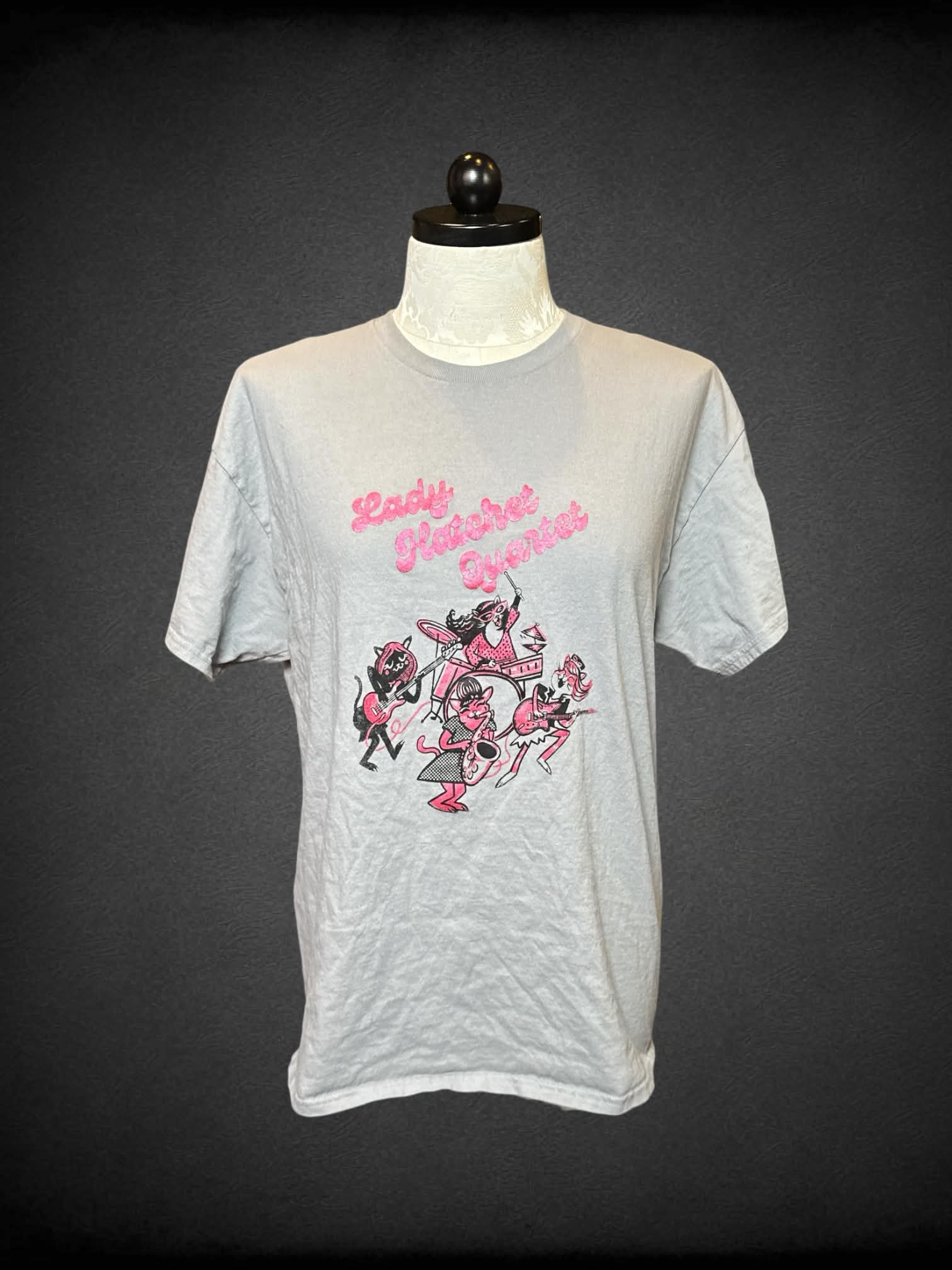 0X Gildan light grey t shirt with “Lady Hatchet Quartet” graphic
