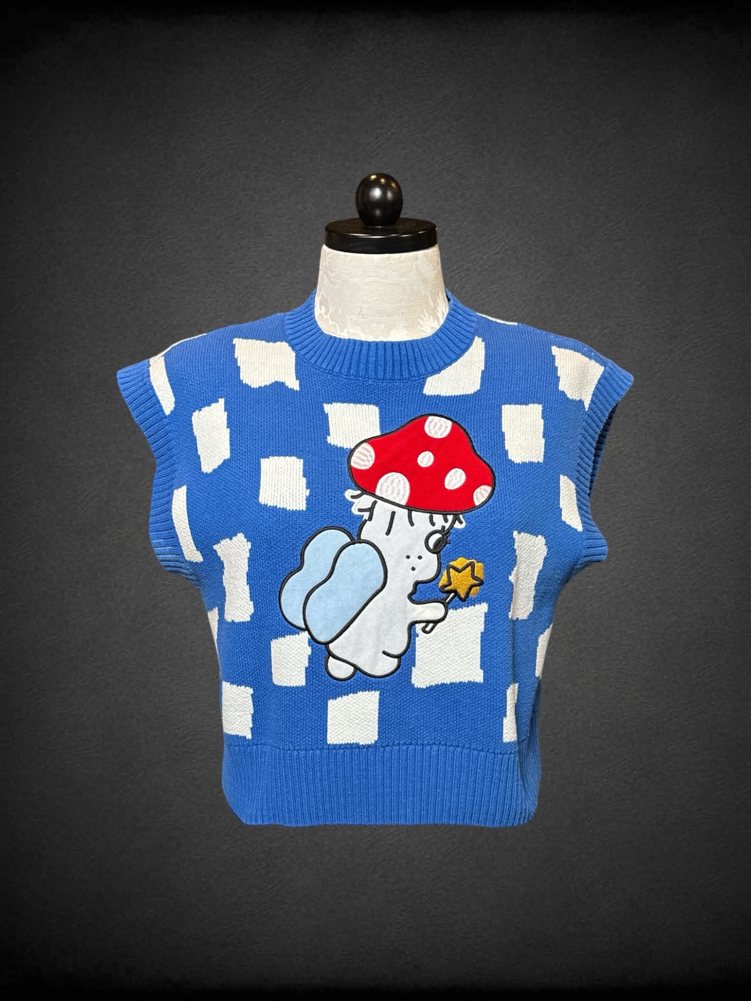 0X Lazy Oaf blue sleeveless knit top with white gingham design, and mushroom fairy on front