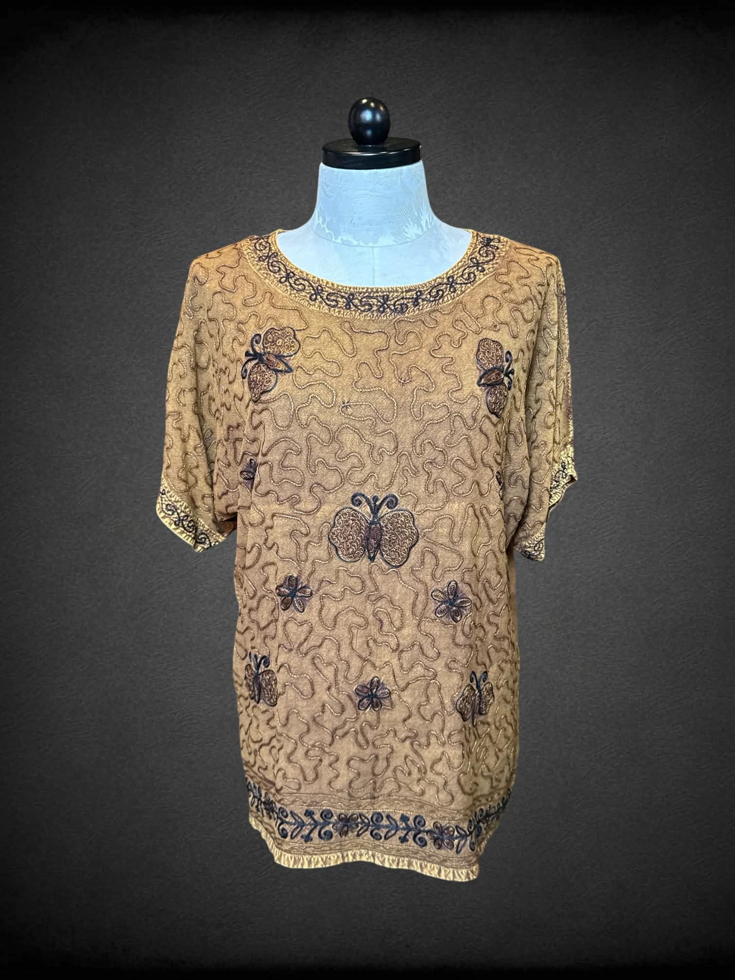 1X Brown washed top with embroidery on front, and butterflies
