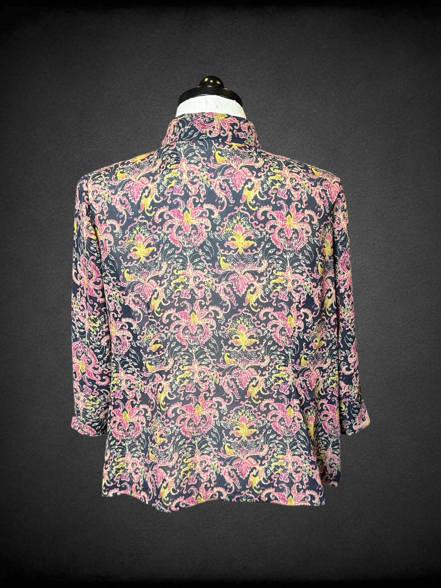 1X Elisabeth vintage black sheer half sleeve button up with pink paisley design
