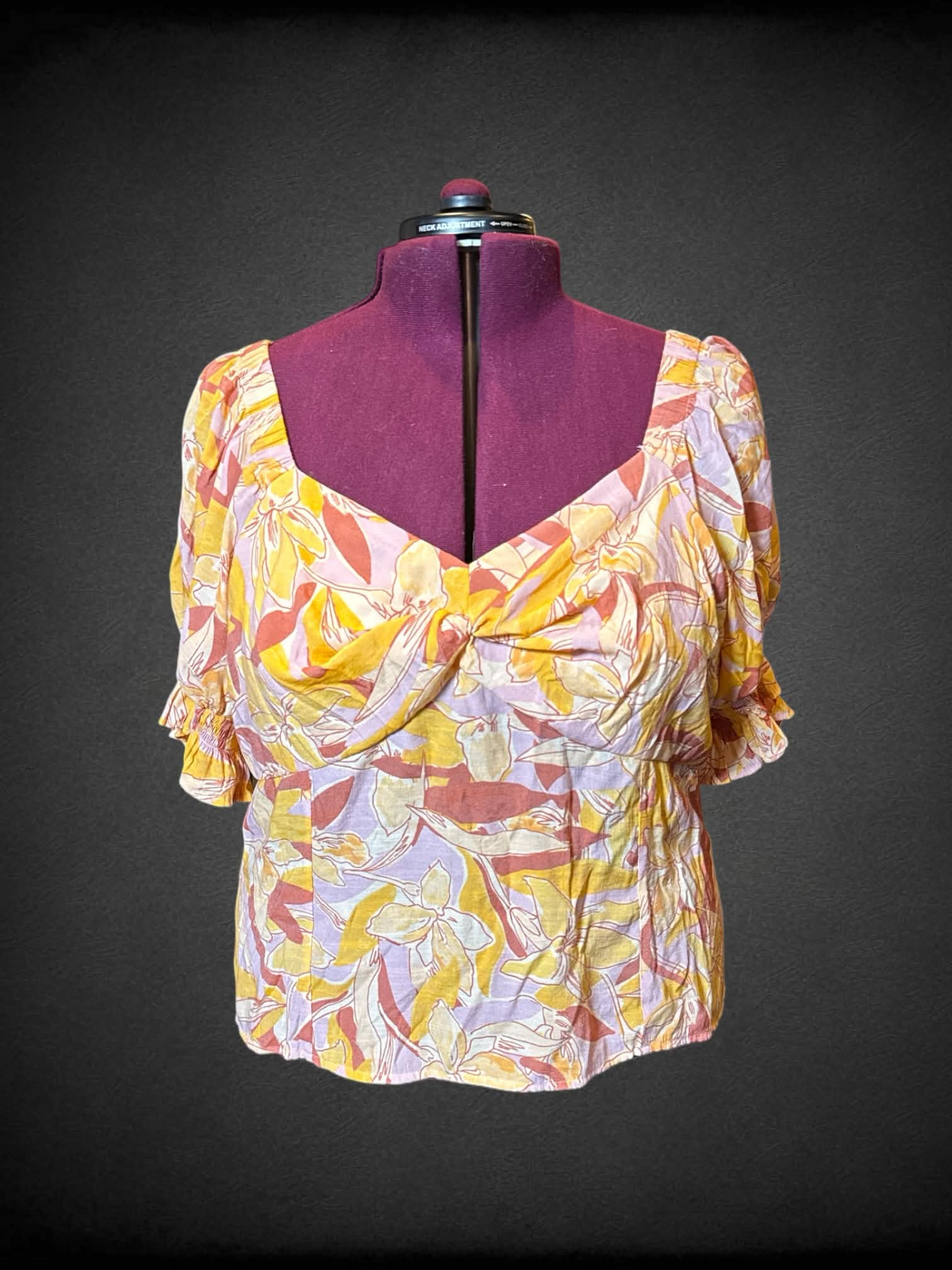 2X Nine West yellow, pink, and orange floral tops with off the shoulder sleeves, and shirted back and cuffs
