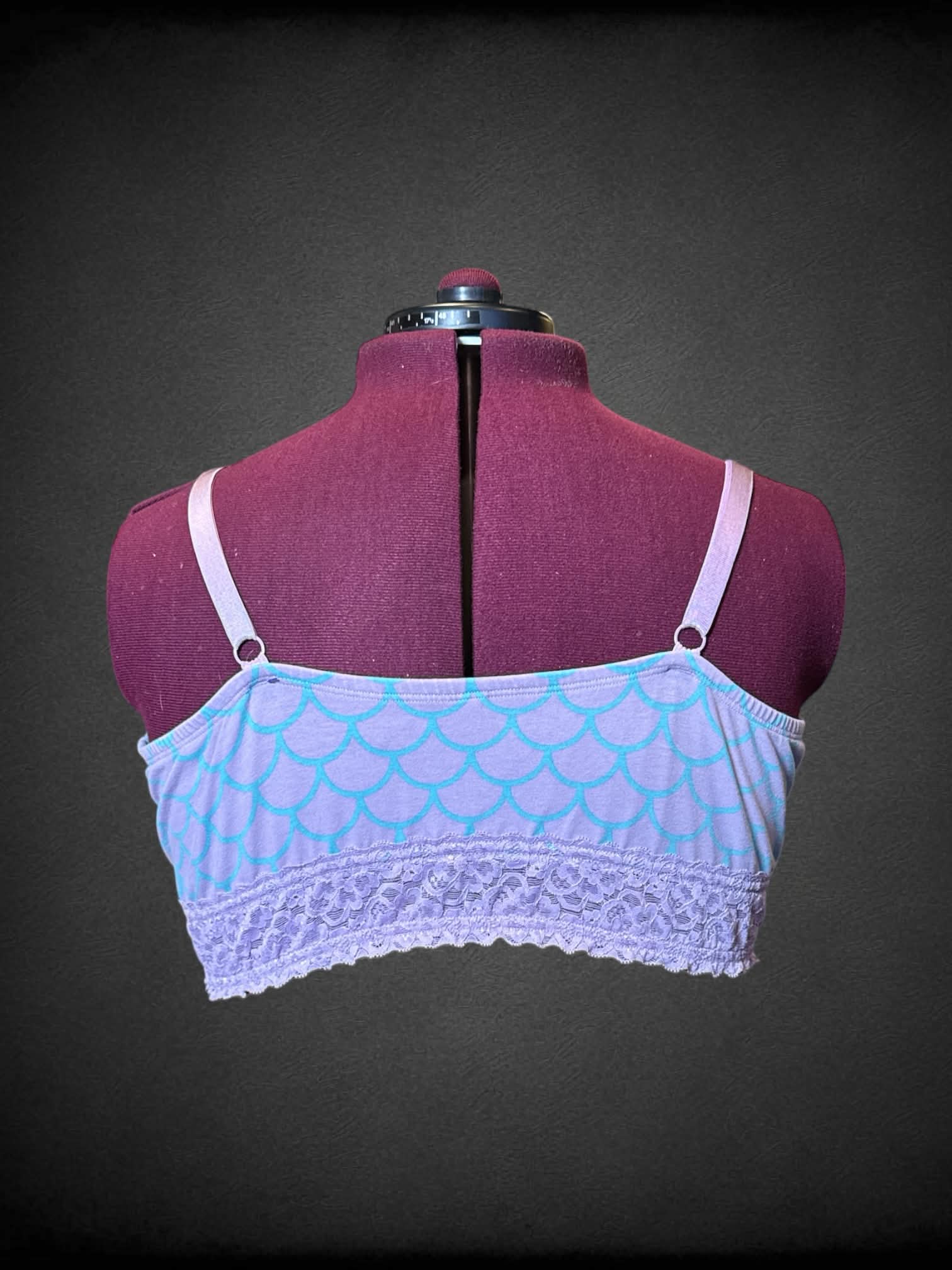 3X light purple mermaid scale bralette with blue details and lace