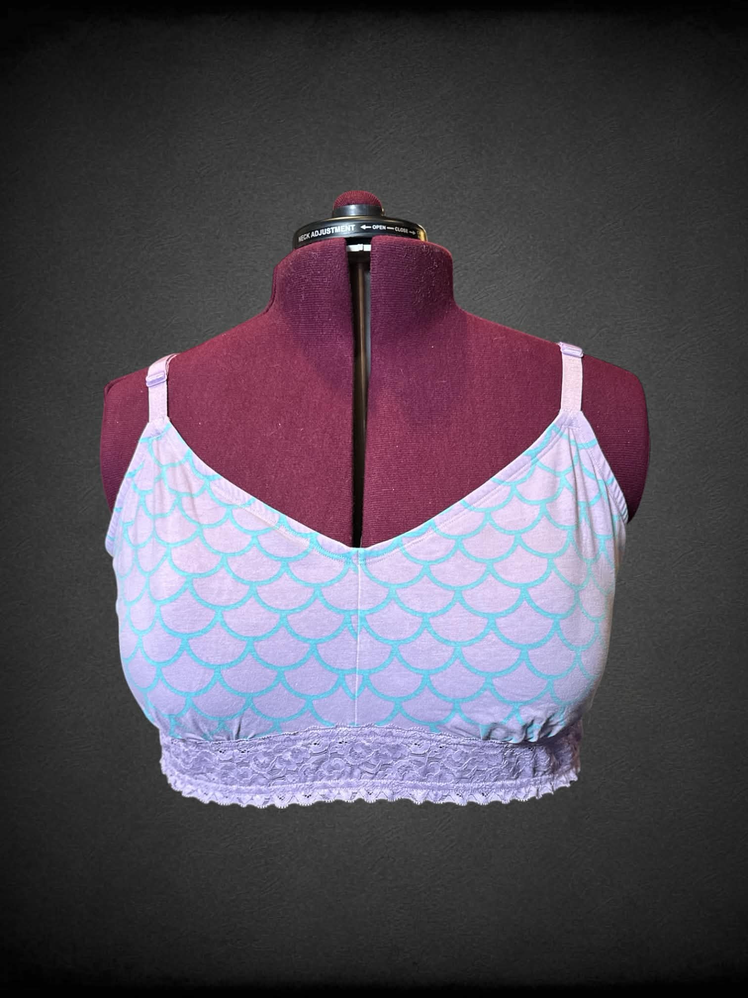 3X light purple mermaid scale bralette with blue details and lace