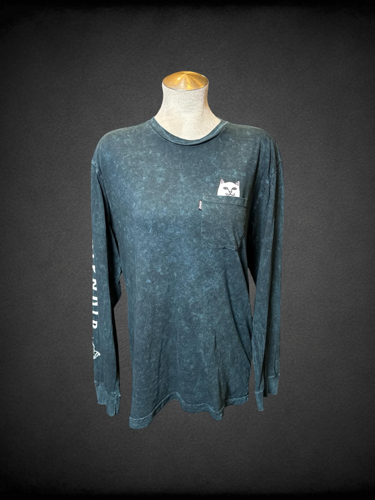 L Ripndip black and teal tie die long sleeve top with middle finger cat in pocket