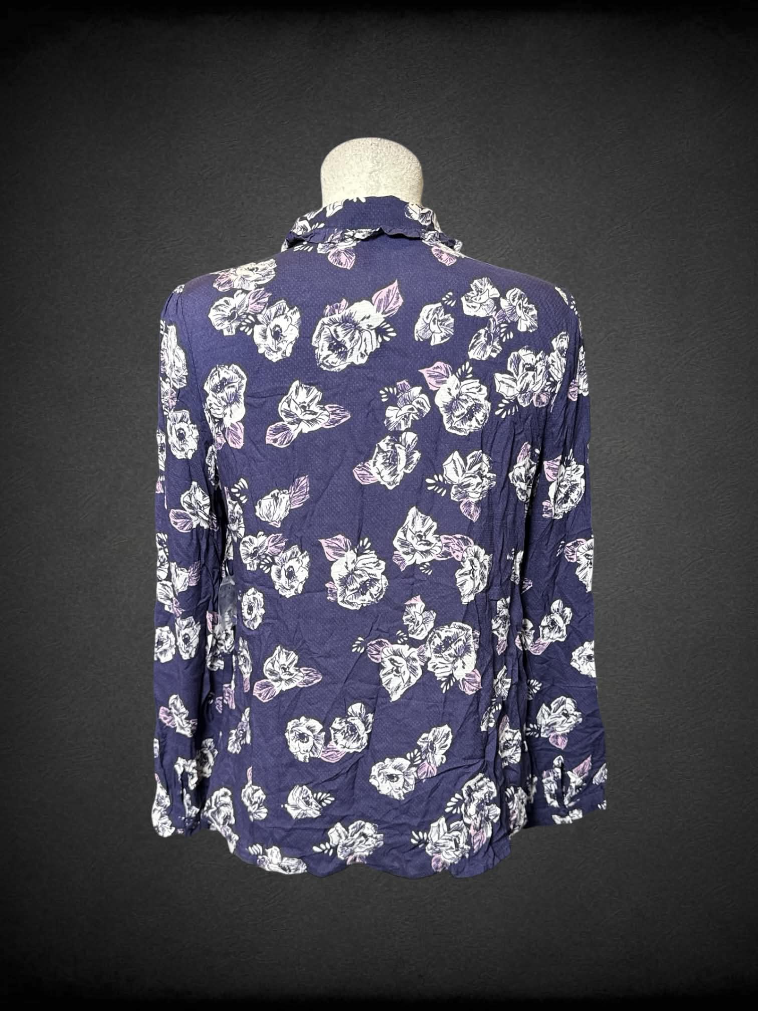 L ModCloth navy blue long sleeve button up with ruffled collar, and white and pink floral design