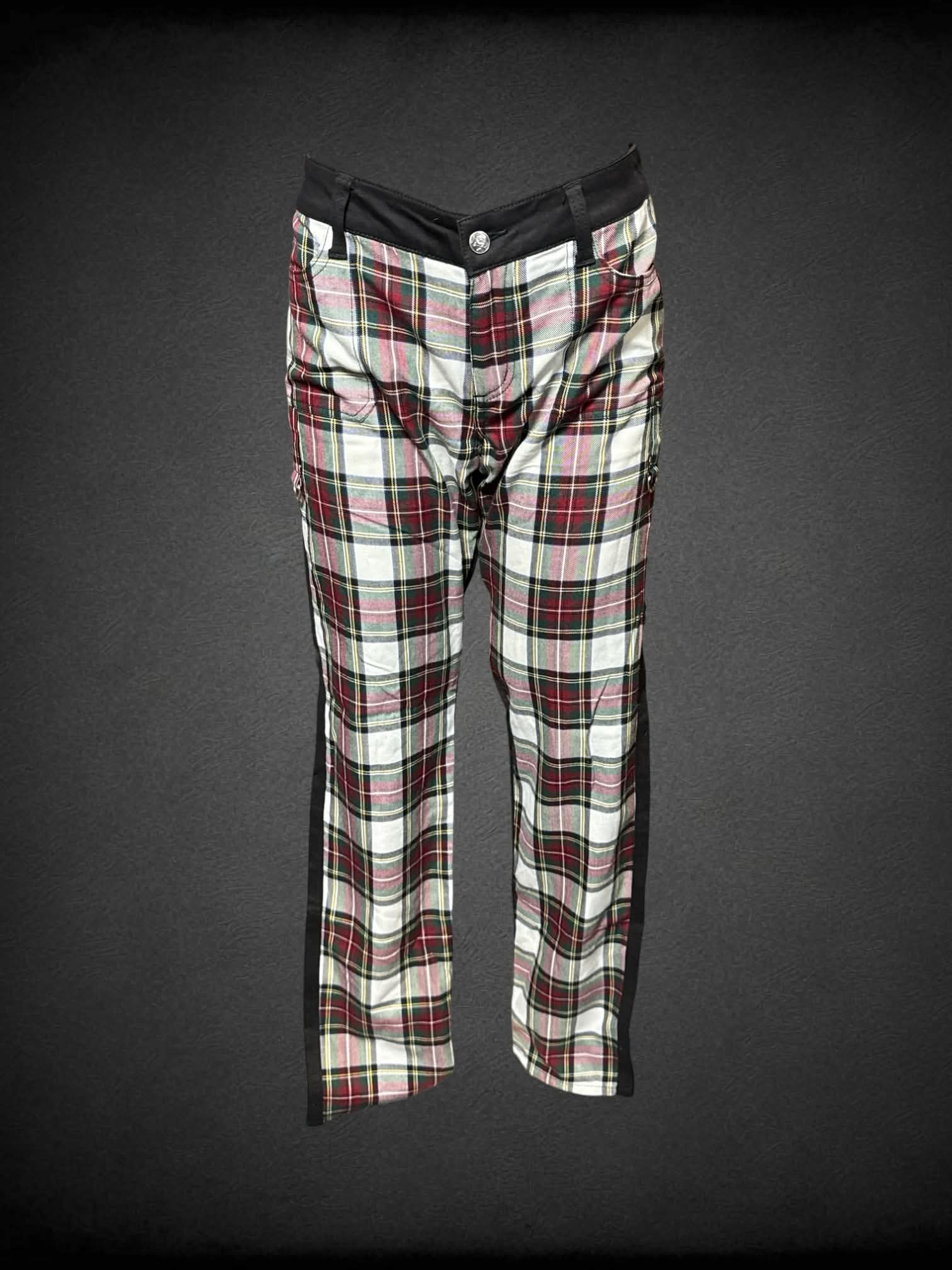L Royal Bones red and green plaid front, black back pants with pockets and d rings