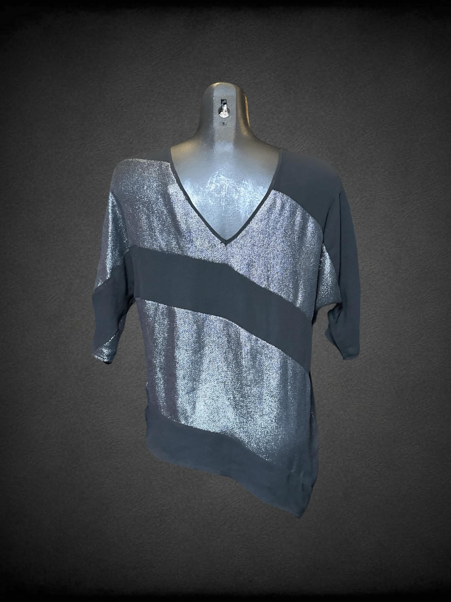 S Silence + Noise black short sleeve top with silver stripes