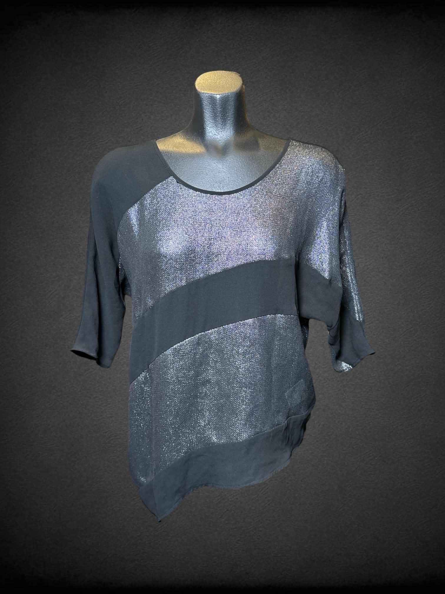 S Silence + Noise black short sleeve top with silver stripes