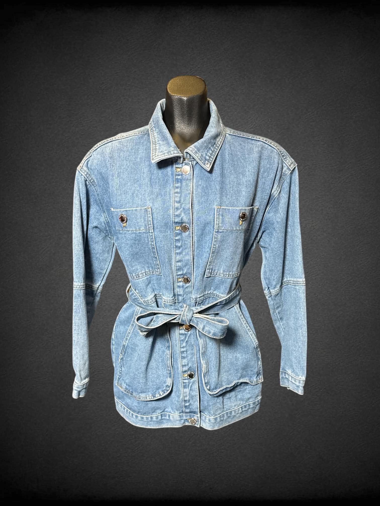 S IMOS denim button up jacket with tie belt, and pockets