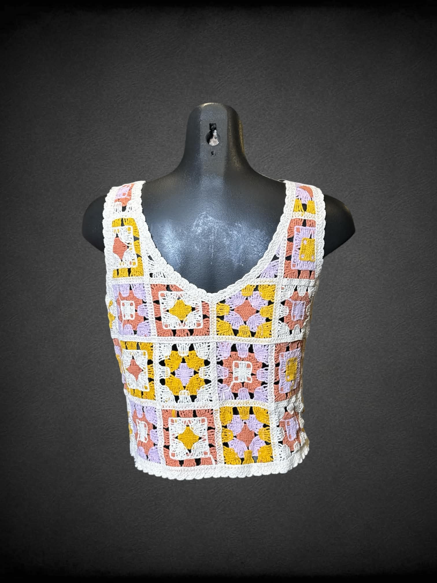 M Rebellion off white, pink, and yellow crochet sleeveless top