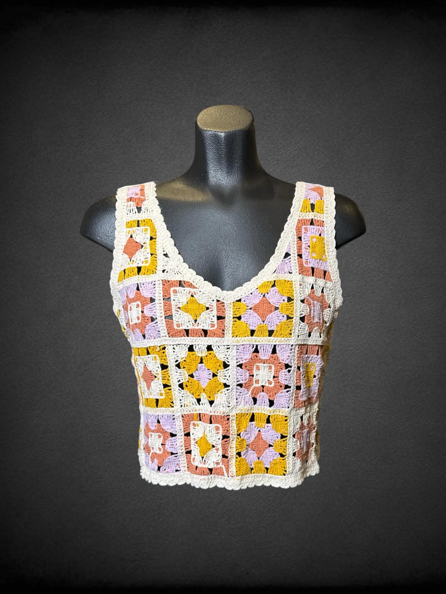 M Rebellion off white, pink, and yellow crochet sleeveless top