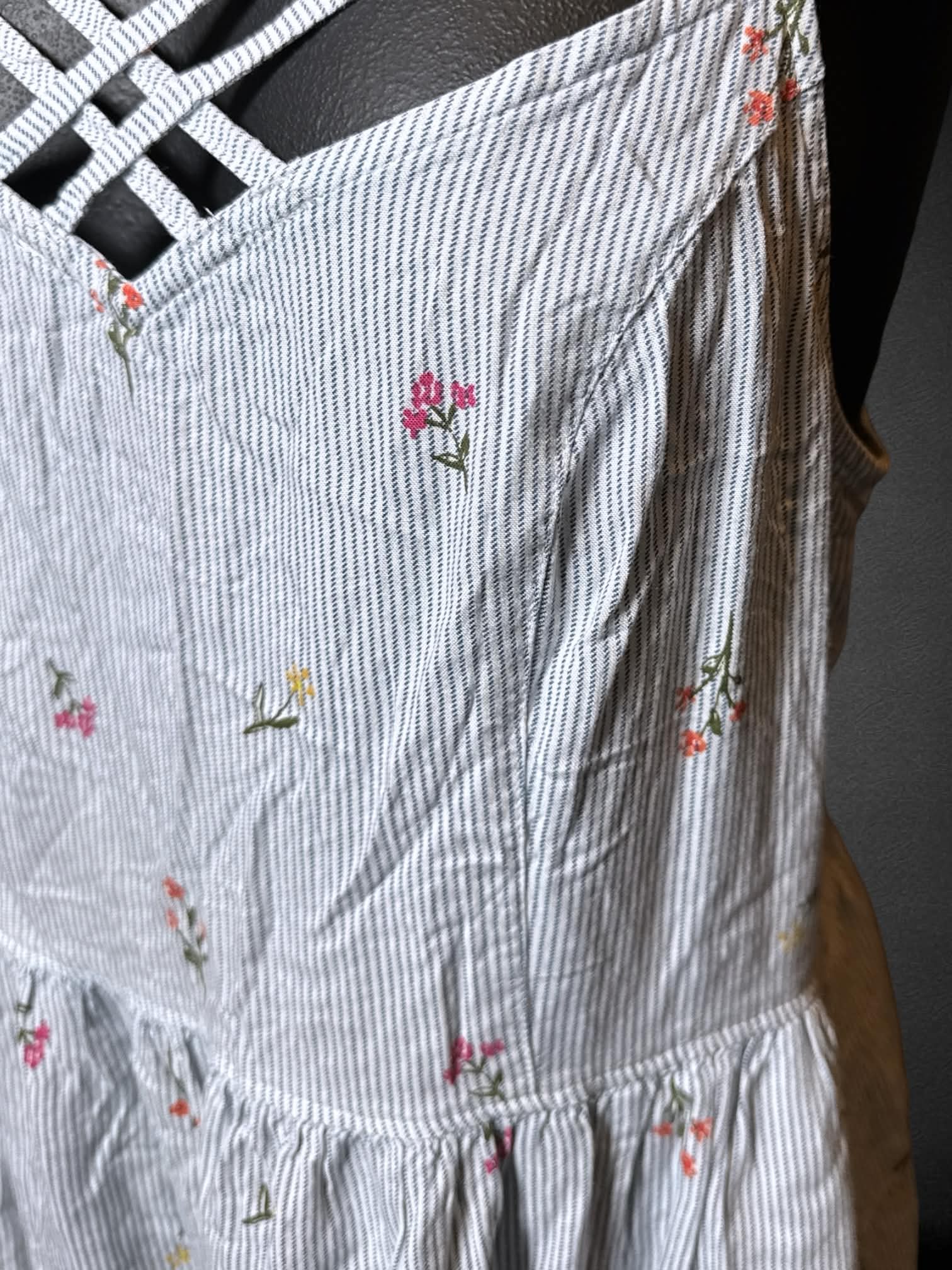 M So white sleeveless dress with blue stripes, florals, and shirred back