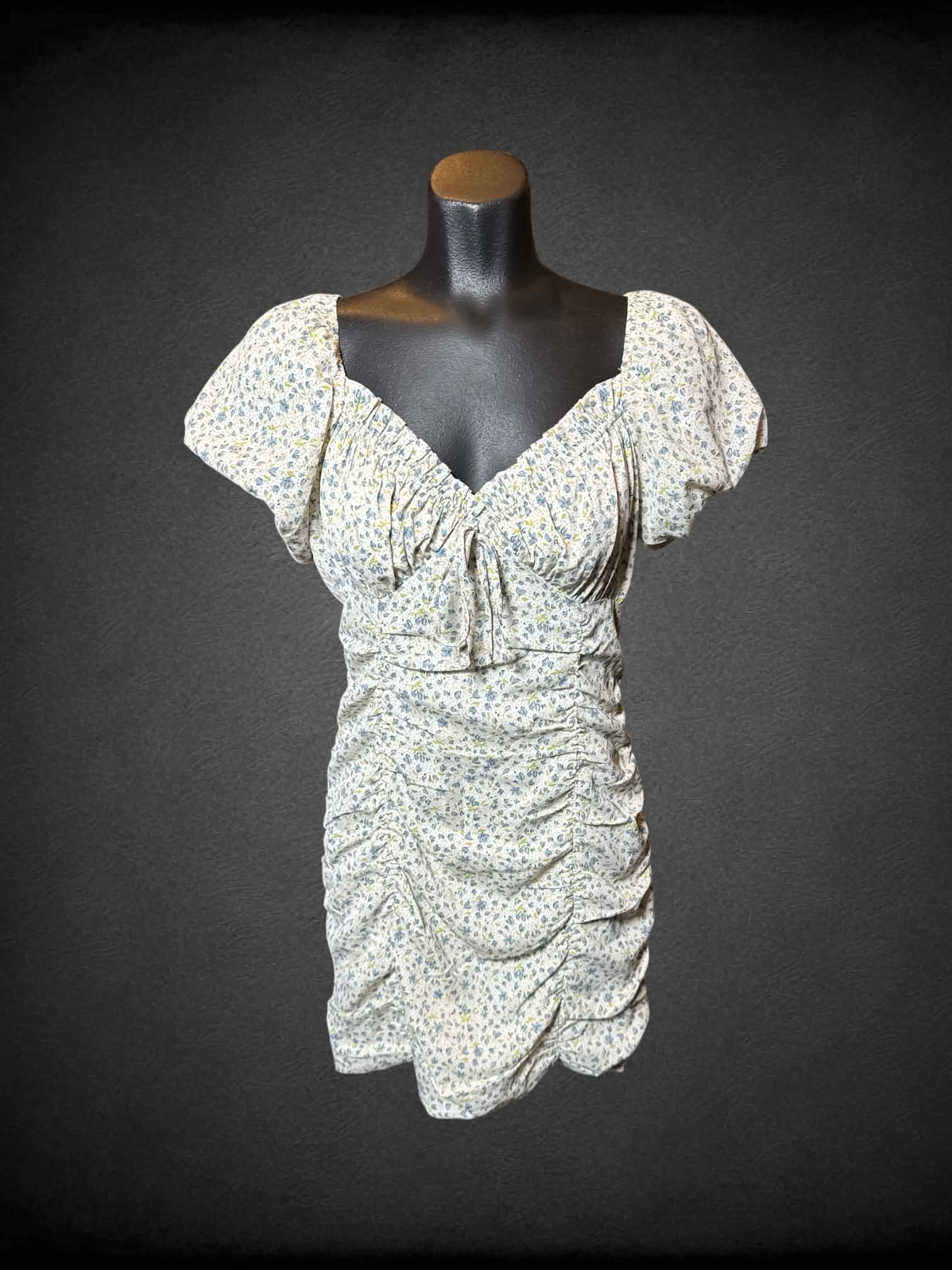 M Lulus white short sleeve dress with blue florals, cinching on bottom, and zipper on side