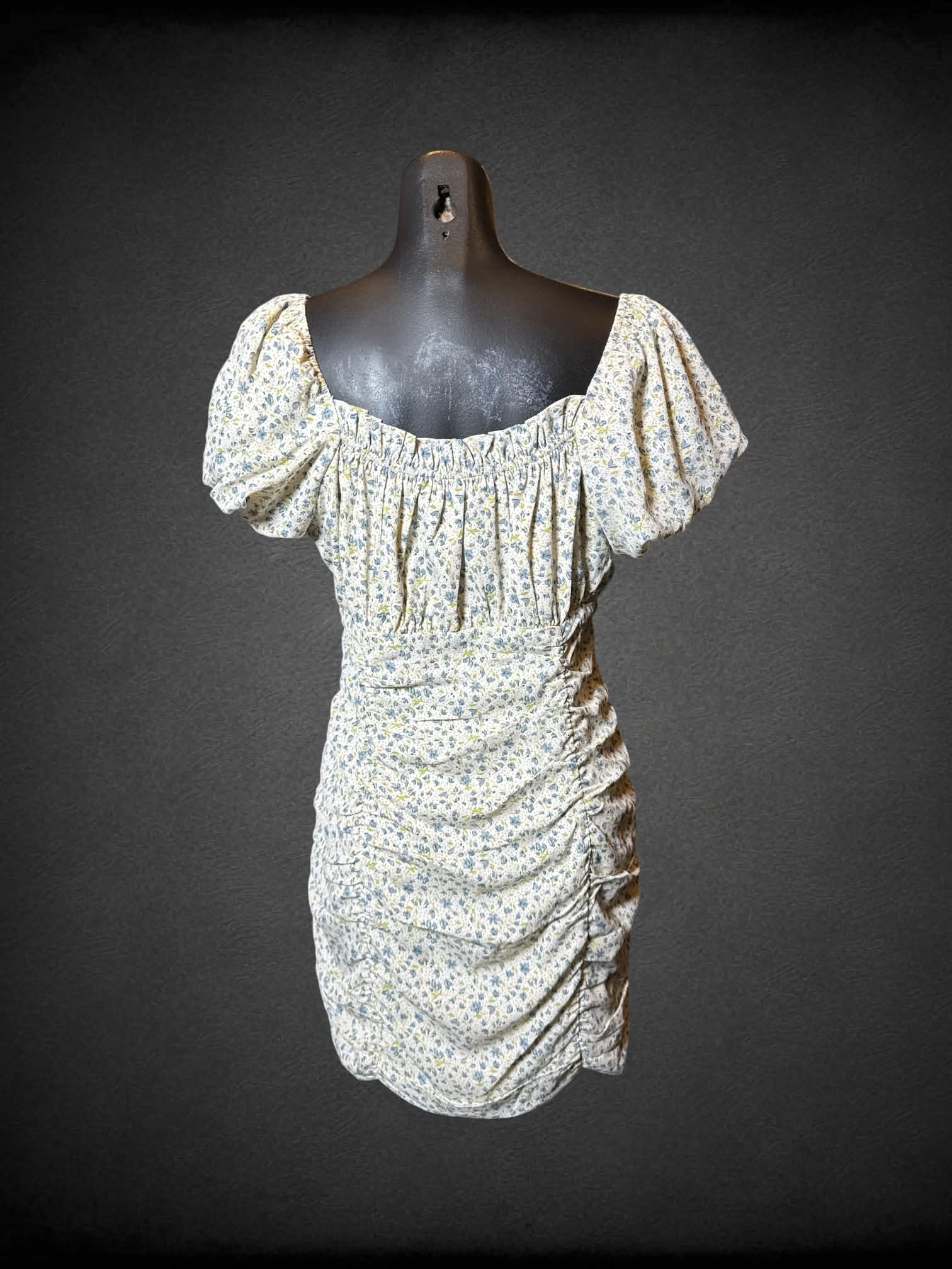 M Lulus white short sleeve dress with blue florals, cinching on bottom, and zipper on side
