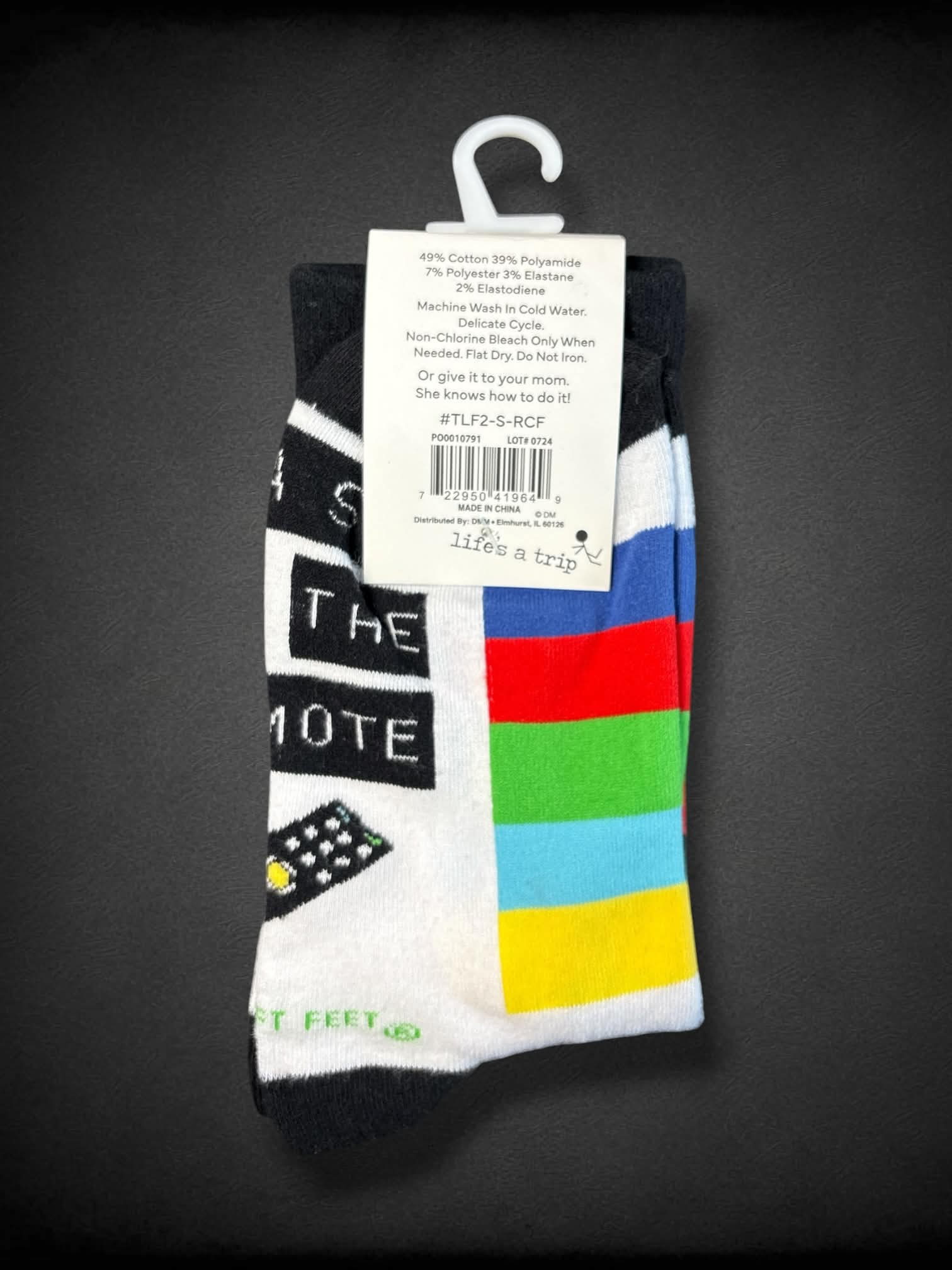 NWT Two Left Feet Sock Co. Multicolored with black an white text ‘If you can read this pass me the remote’ socks