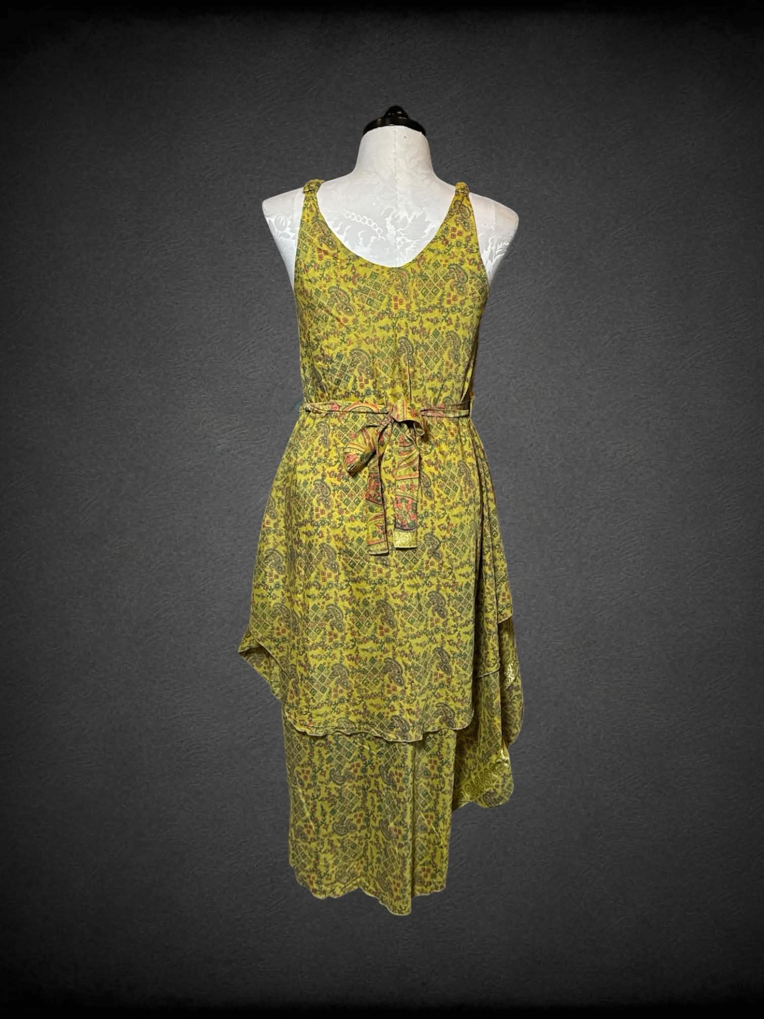 0X Jungle Billee NWT yellow-green sundress with layered paisley pattern and adjustable tie on waist