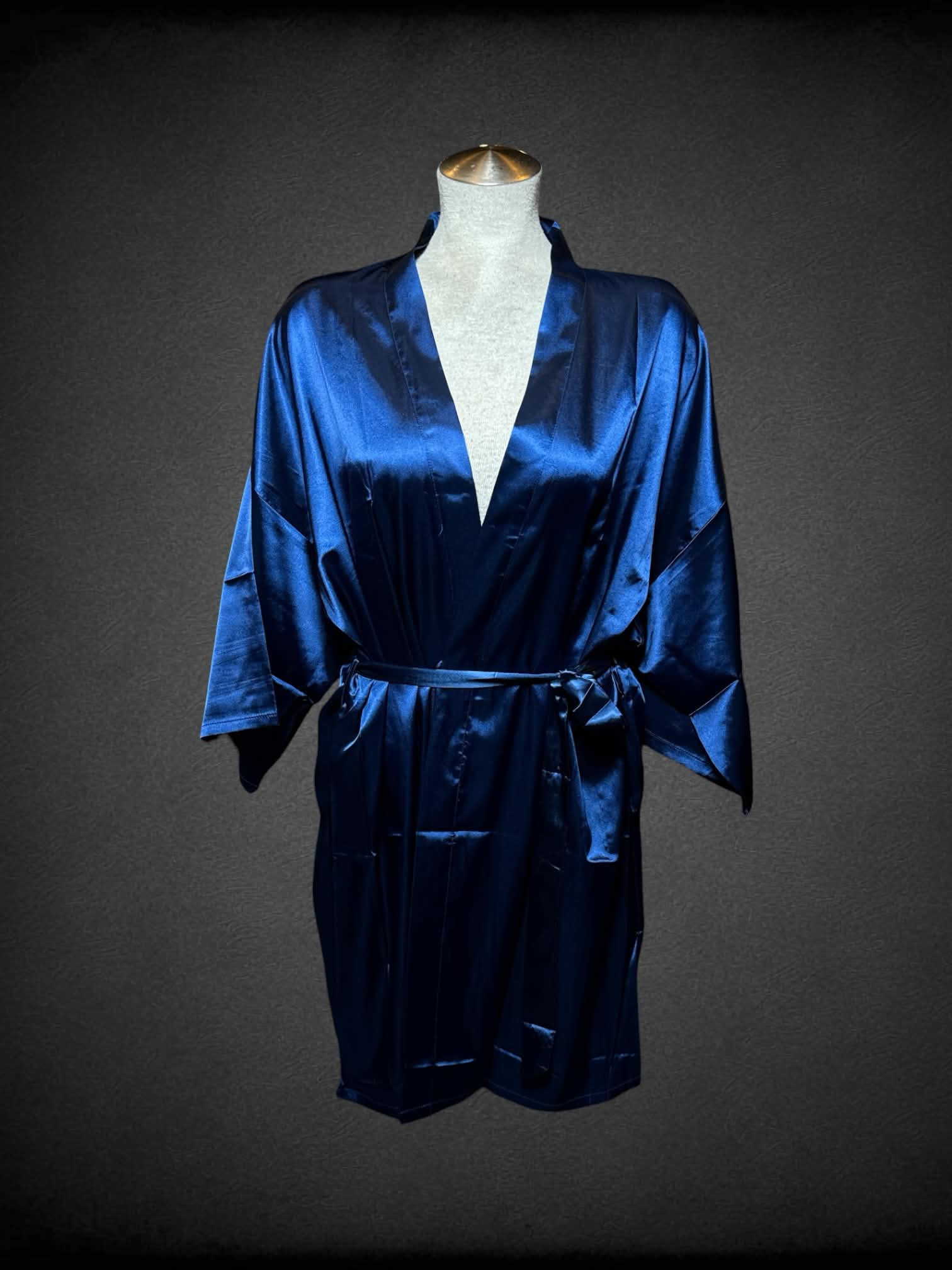L royal blue silk robe with bedazzled “Bride” writing on back