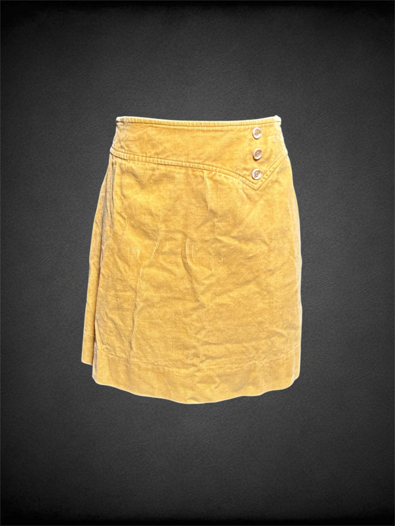 XS A.I.A vintage yellow corduroy skirt with decorative buttons on front, and zipper on back