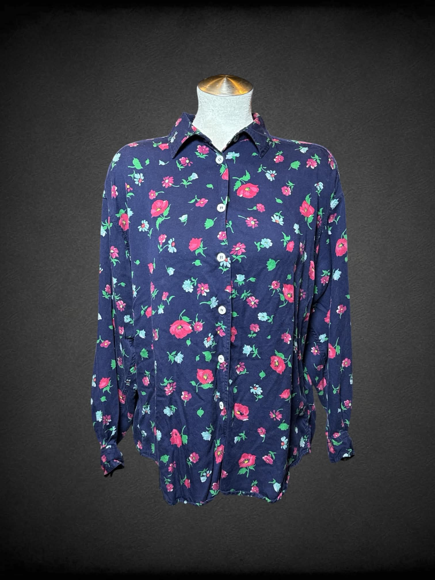 L Liz Sport vintage navy button up shirt with pink and blue floral design