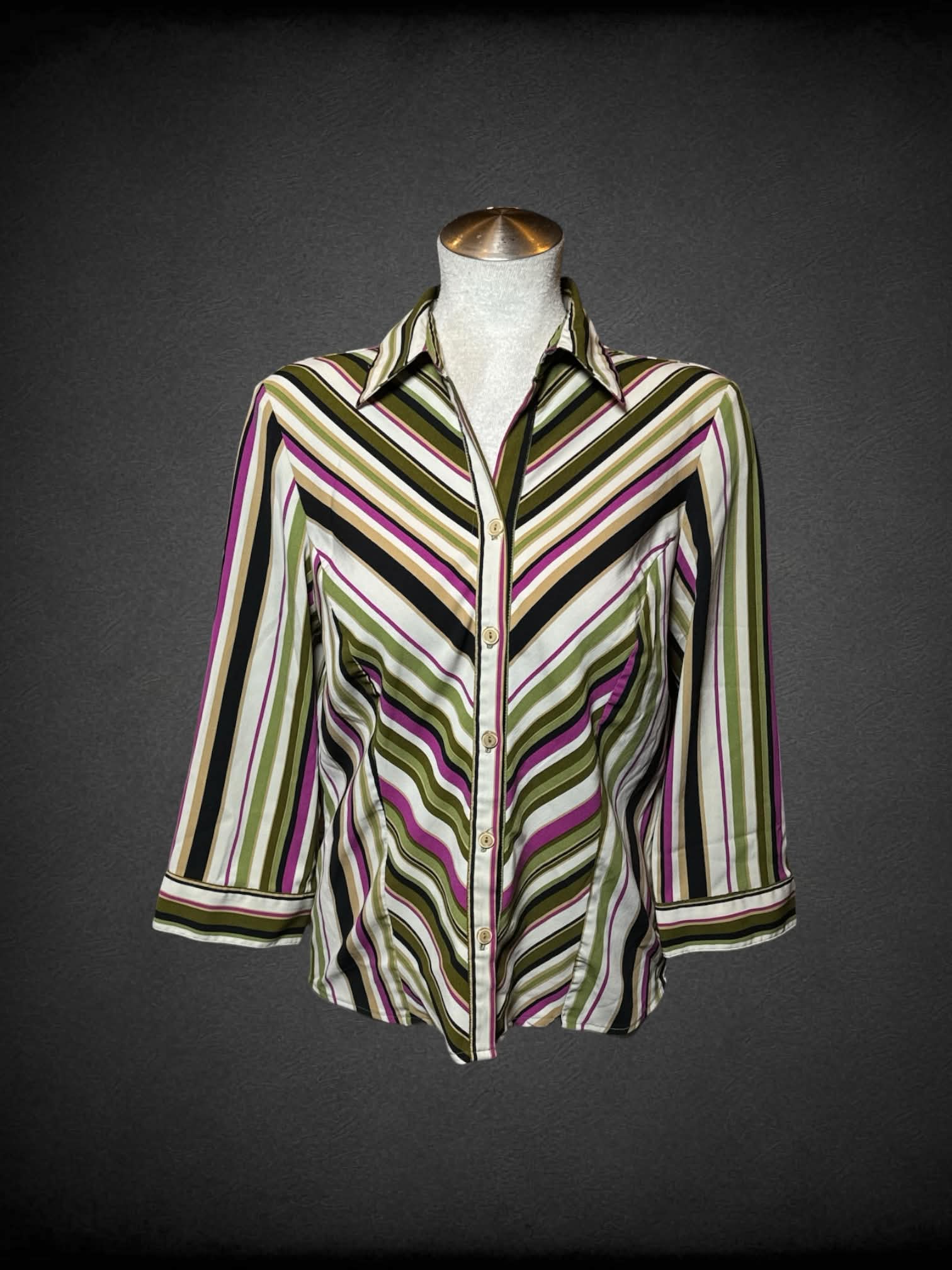 L Mds beige button-up shirt with pink, green and black striped design