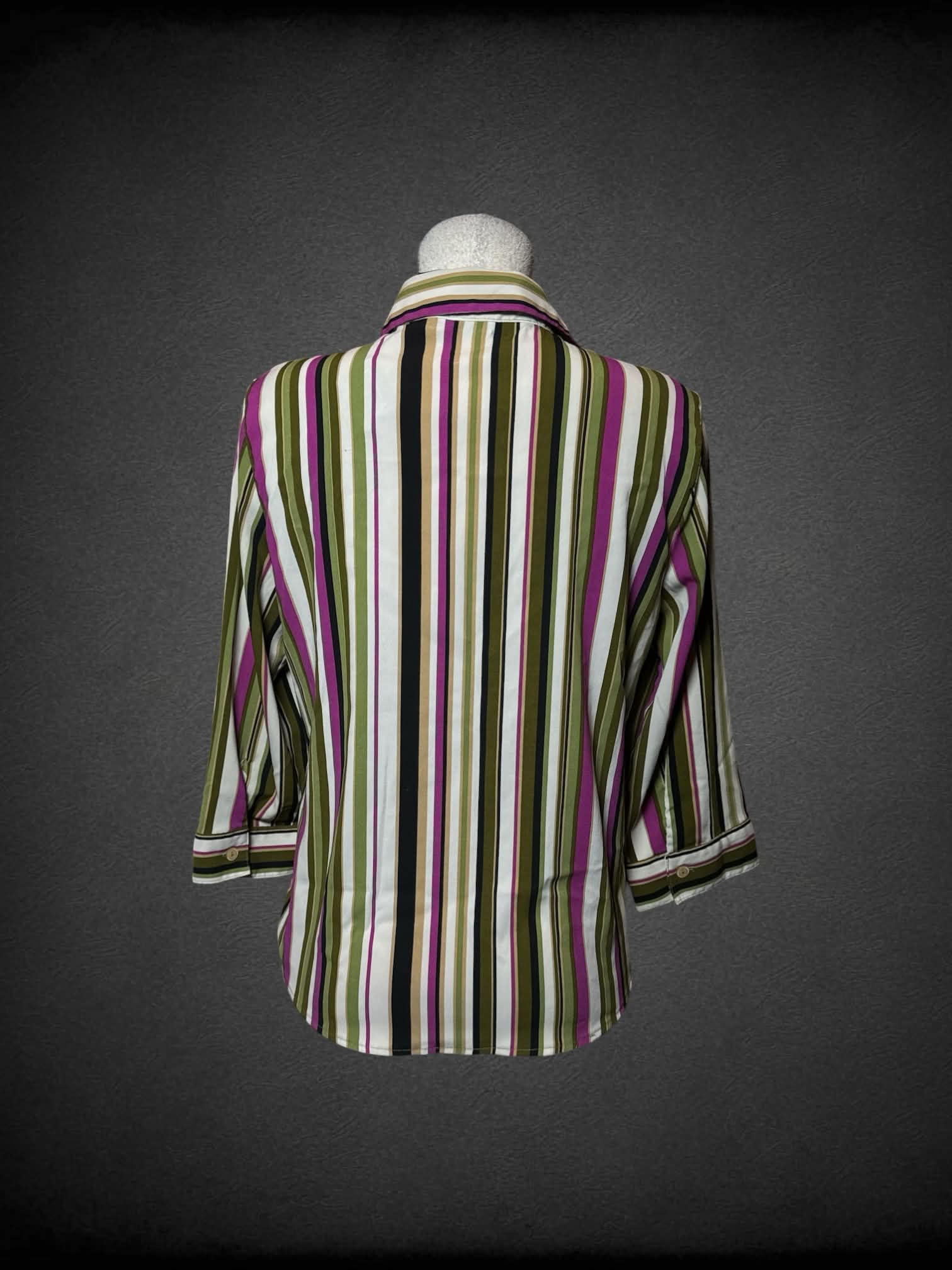 L Mds beige button-up shirt with pink, green and black striped design