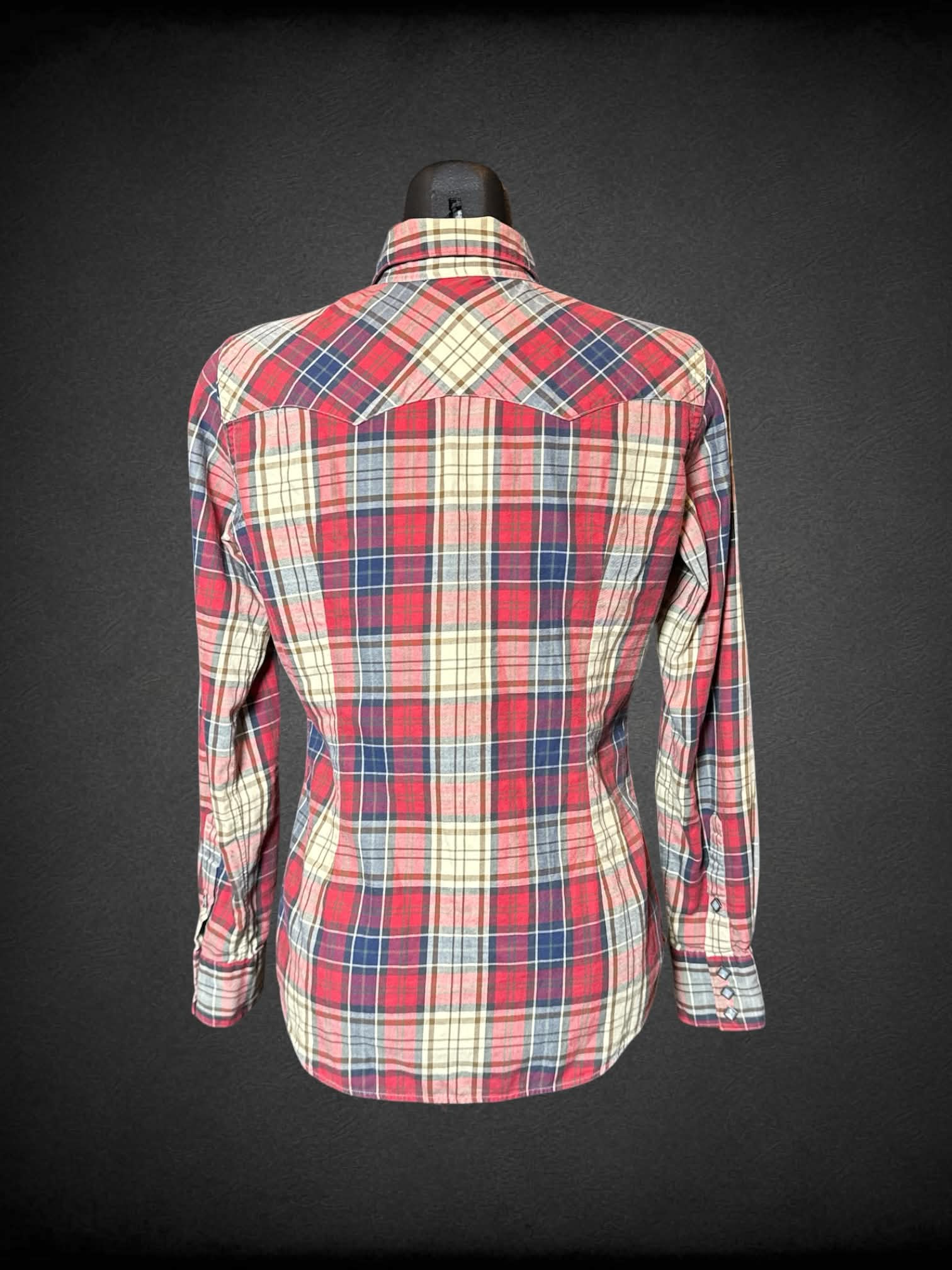 M Ralph Lauren red and off white plaid snap button up with two chest pockets