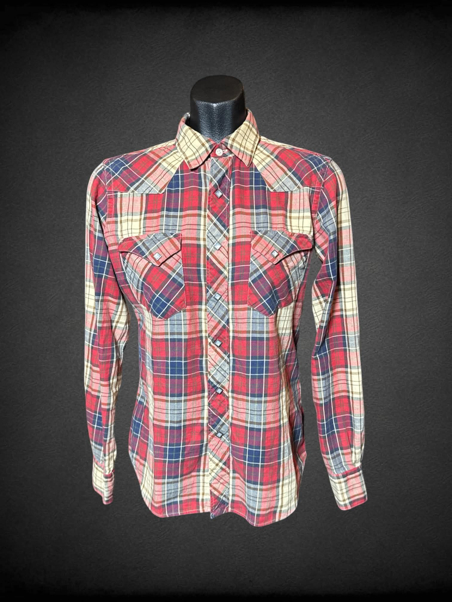 M Ralph Lauren red and off white plaid snap button up with two chest pockets