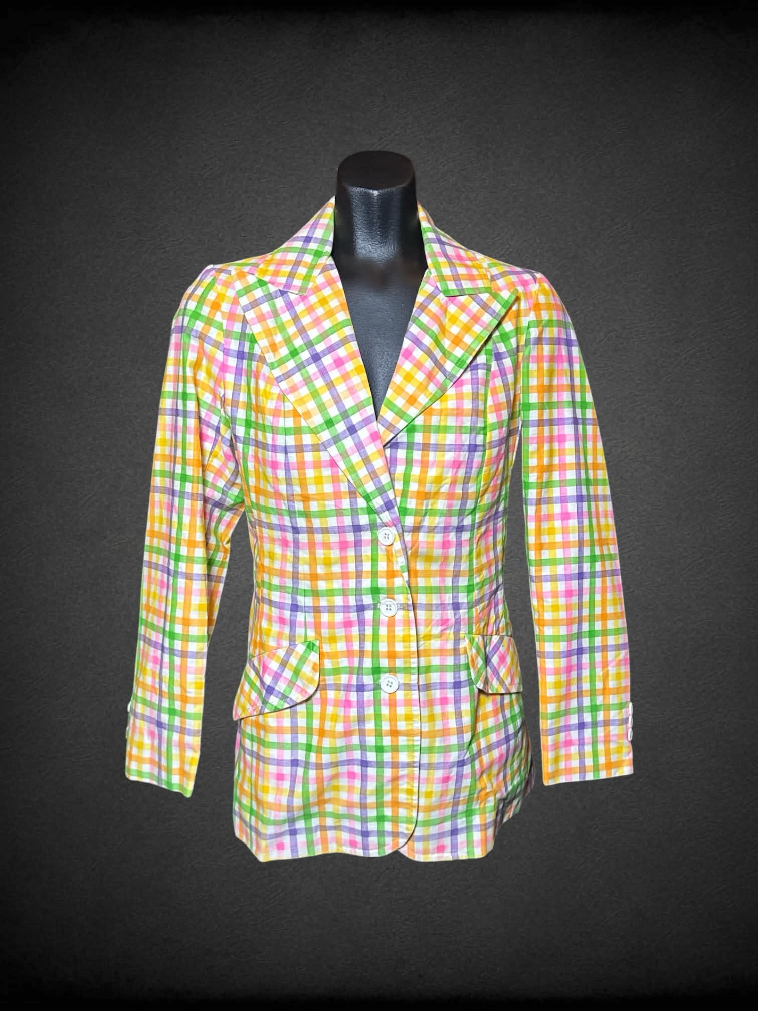 M Herman Geist union made white and rainbow gingham blazer with three buttons,  pockets