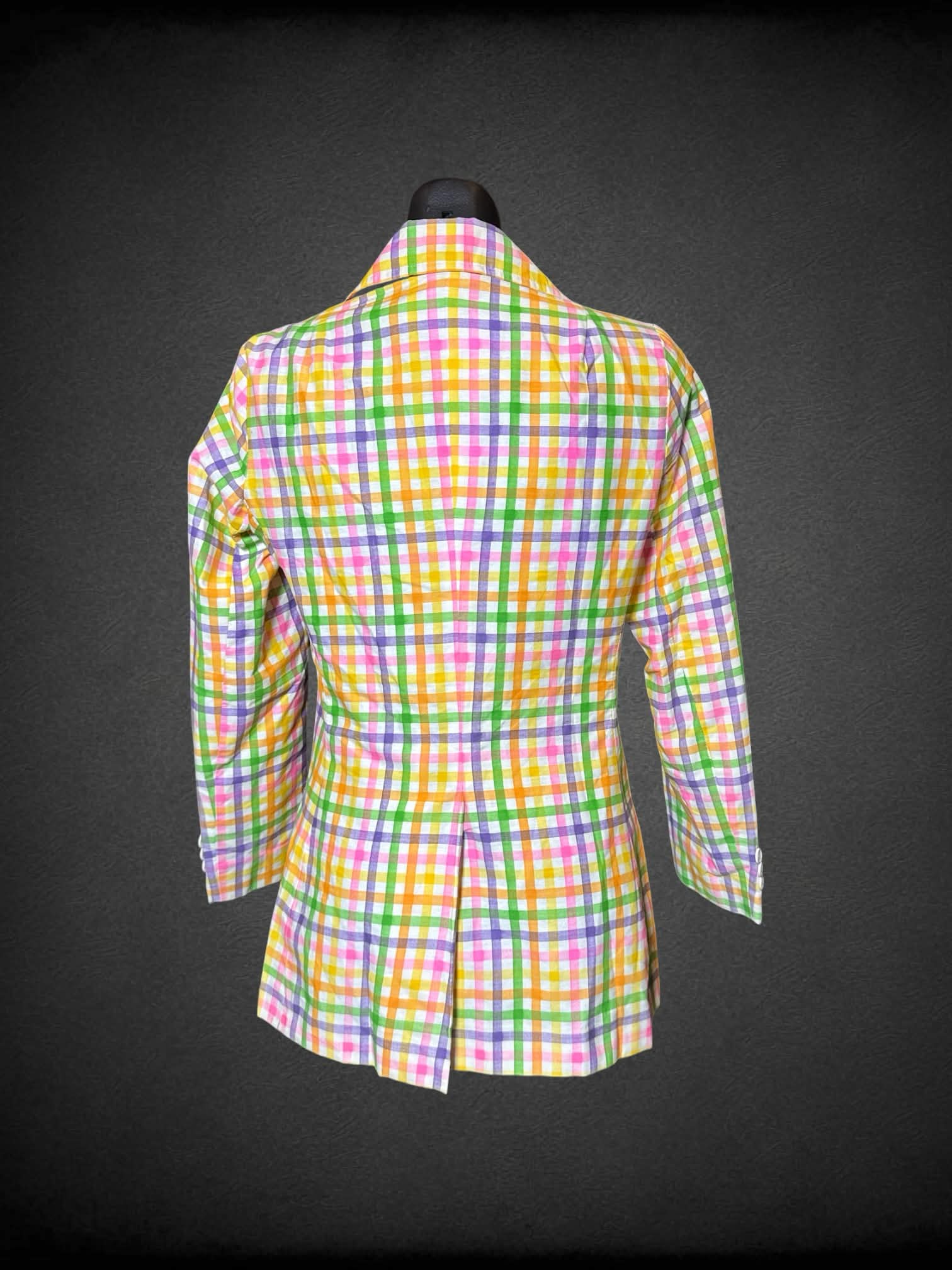 M Herman Geist union made white and rainbow gingham blazer with three buttons,  pockets