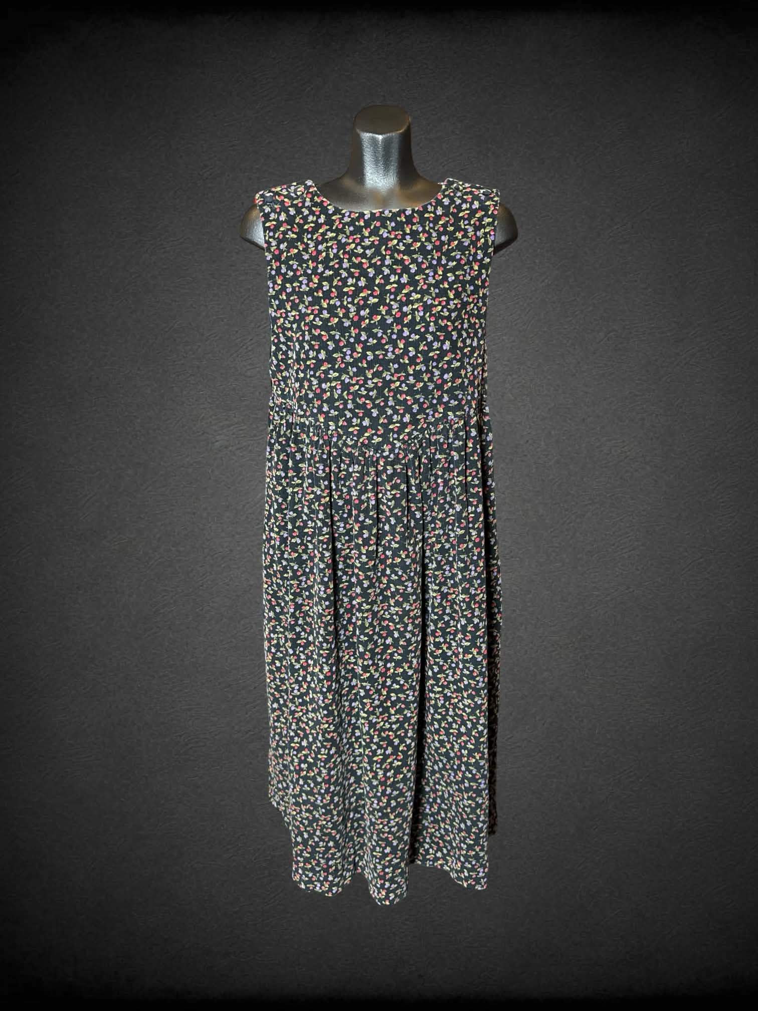 M Black corduroy sleeveless dress with red and purple florals, pockets –  Witch Bitch Thrift
