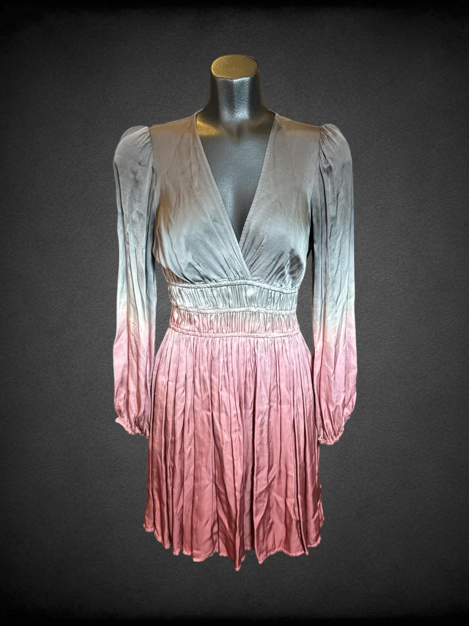S YFB grey, white, and pink ombré long sleeve pleated dress with balloon sleeves, and three elastic band at waist