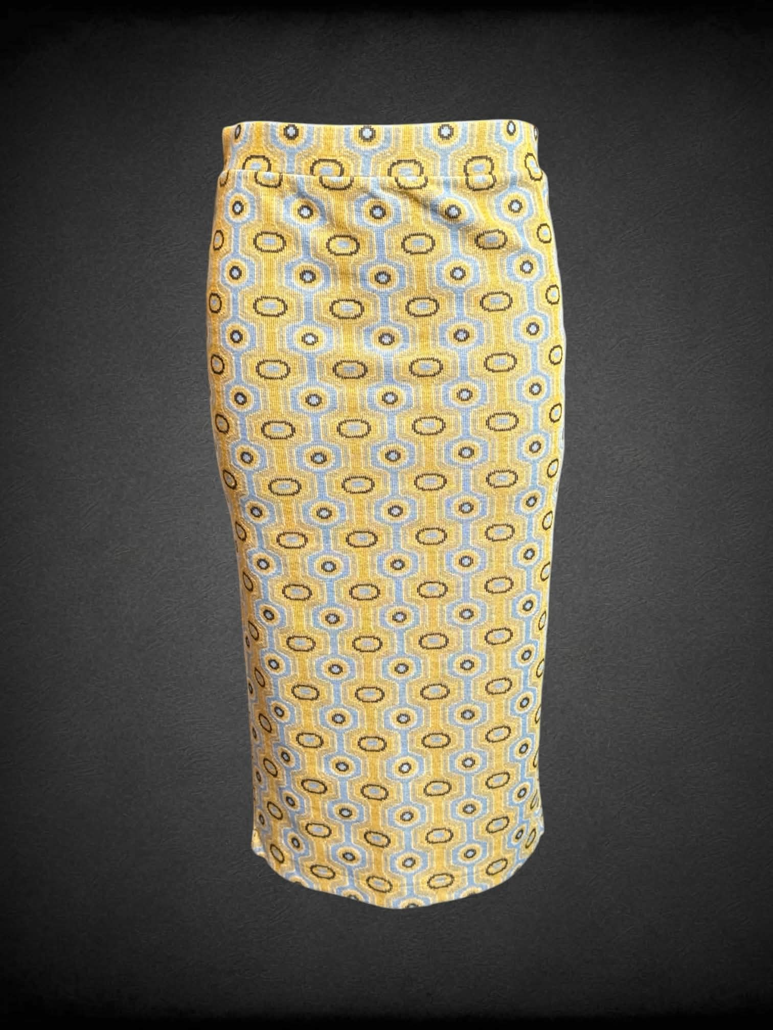S Zara light blue and yellow two piece shirt and skirt set with circle and geometric design