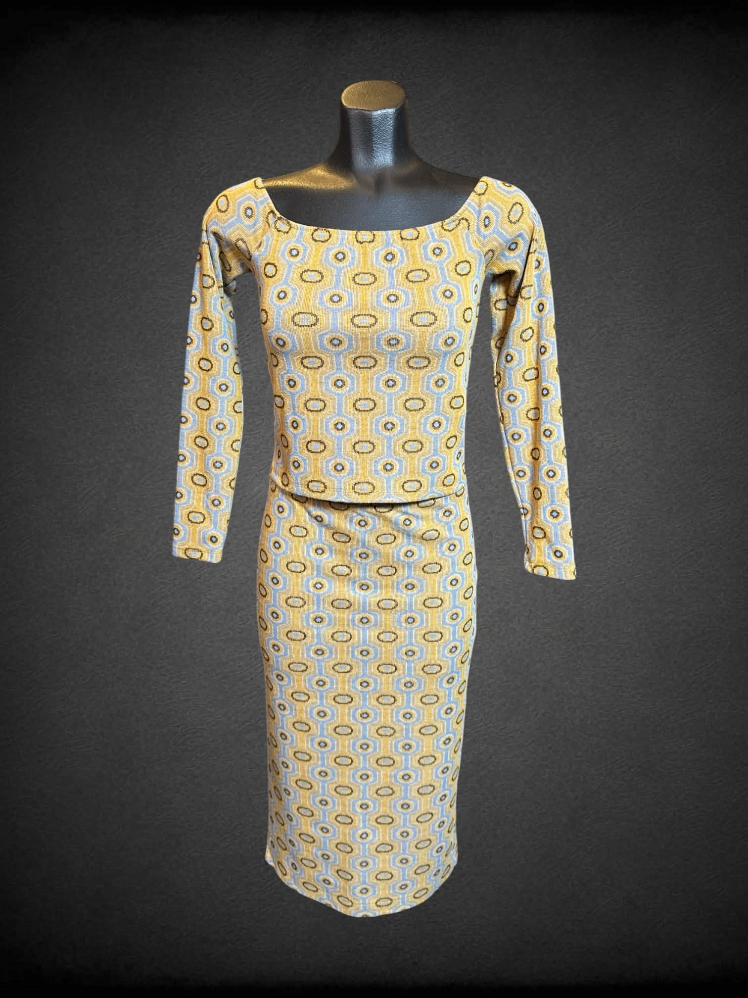 S Zara light blue and yellow two piece shirt and skirt set with circle and geometric design