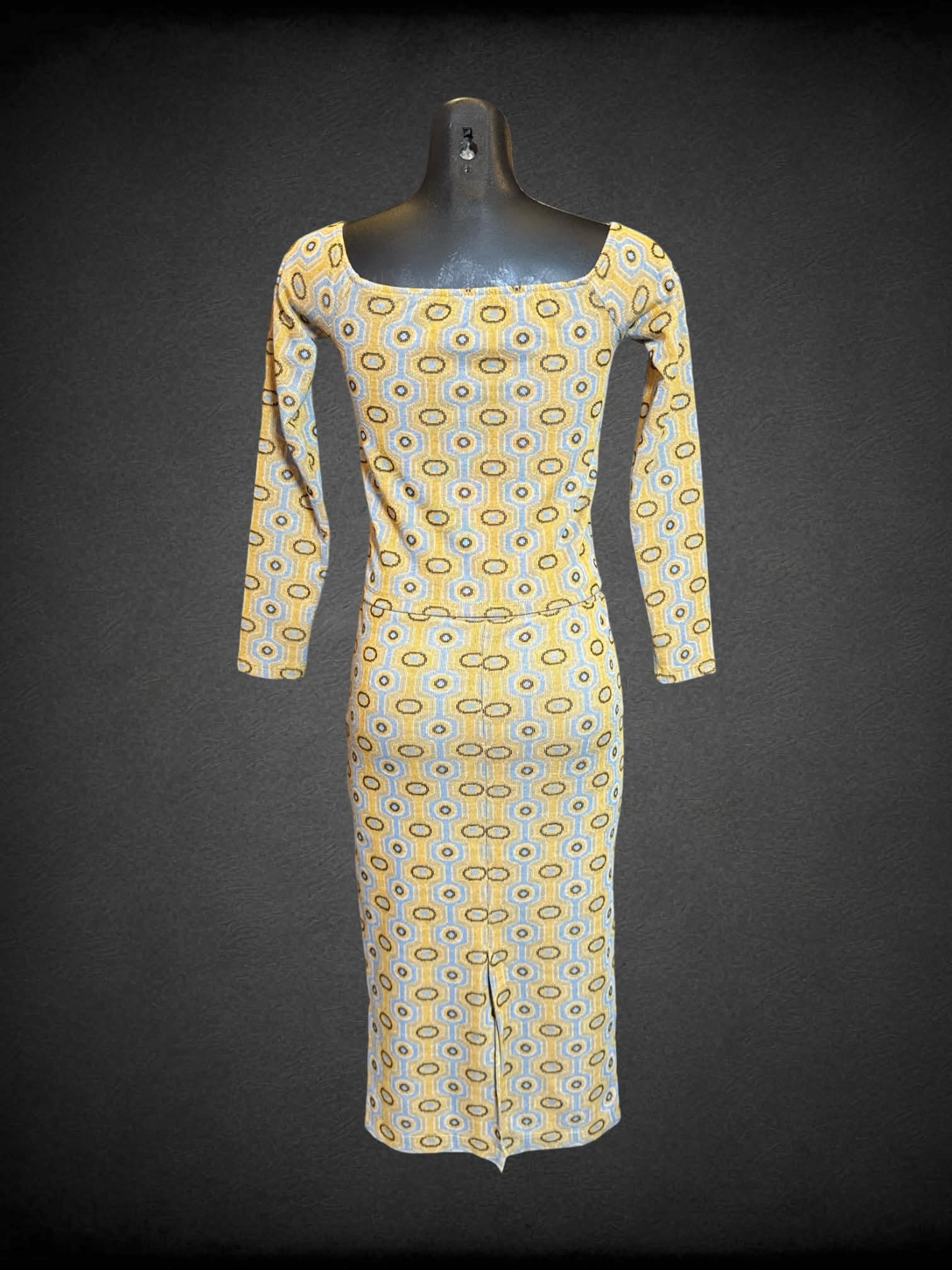 S Zara light blue and yellow two piece shirt and skirt set with circle and geometric design