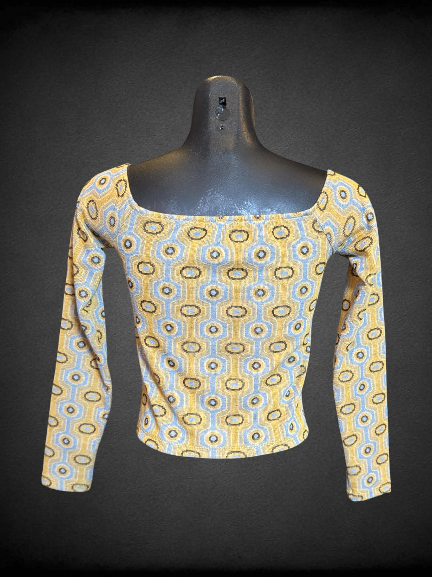 S Zara light blue and yellow two piece shirt and skirt set with circle and geometric design