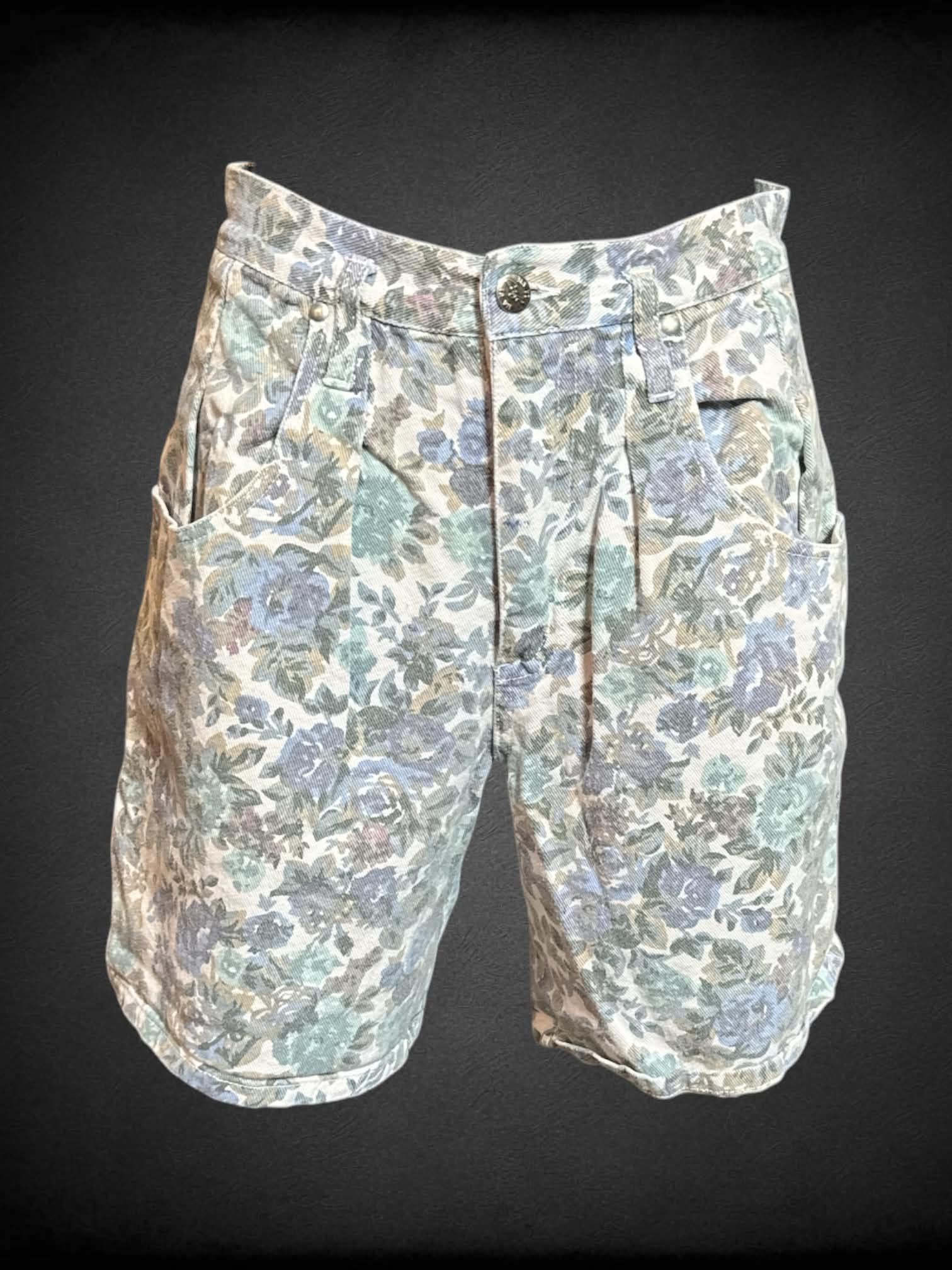 S Cafe la Vie vintage white high waisted jean shorts with blue and green florals, zipper/button closure, and pockets