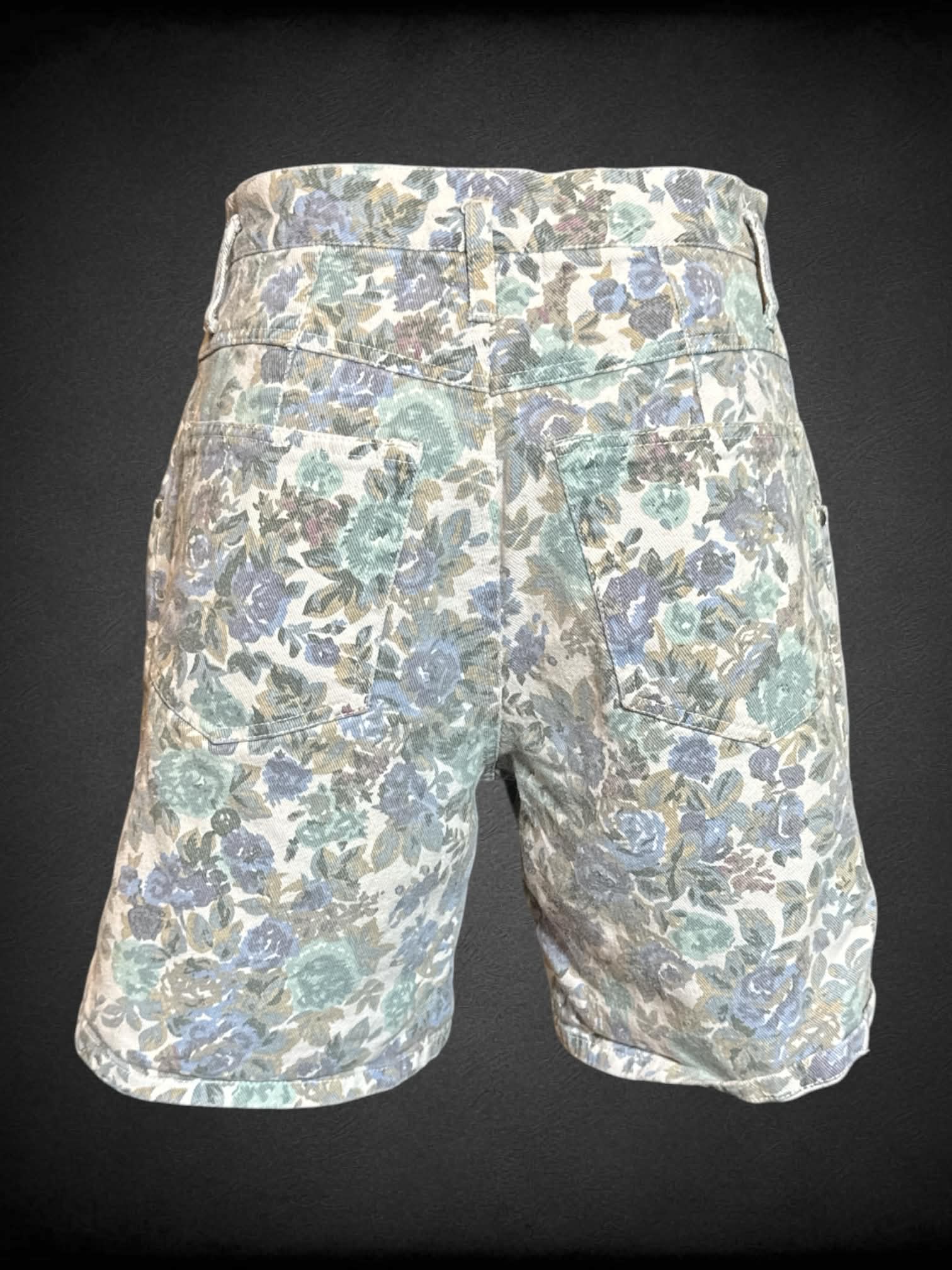 S Cafe la Vie vintage white high waisted jean shorts with blue and green florals, zipper/button closure, and pockets