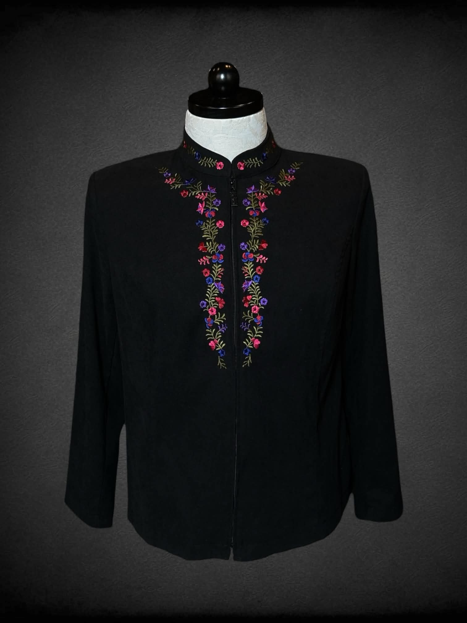 XL Notations vintage black zip-up jacket with pink, red, blue and purple embroidered flowers on front, and padded shoulders