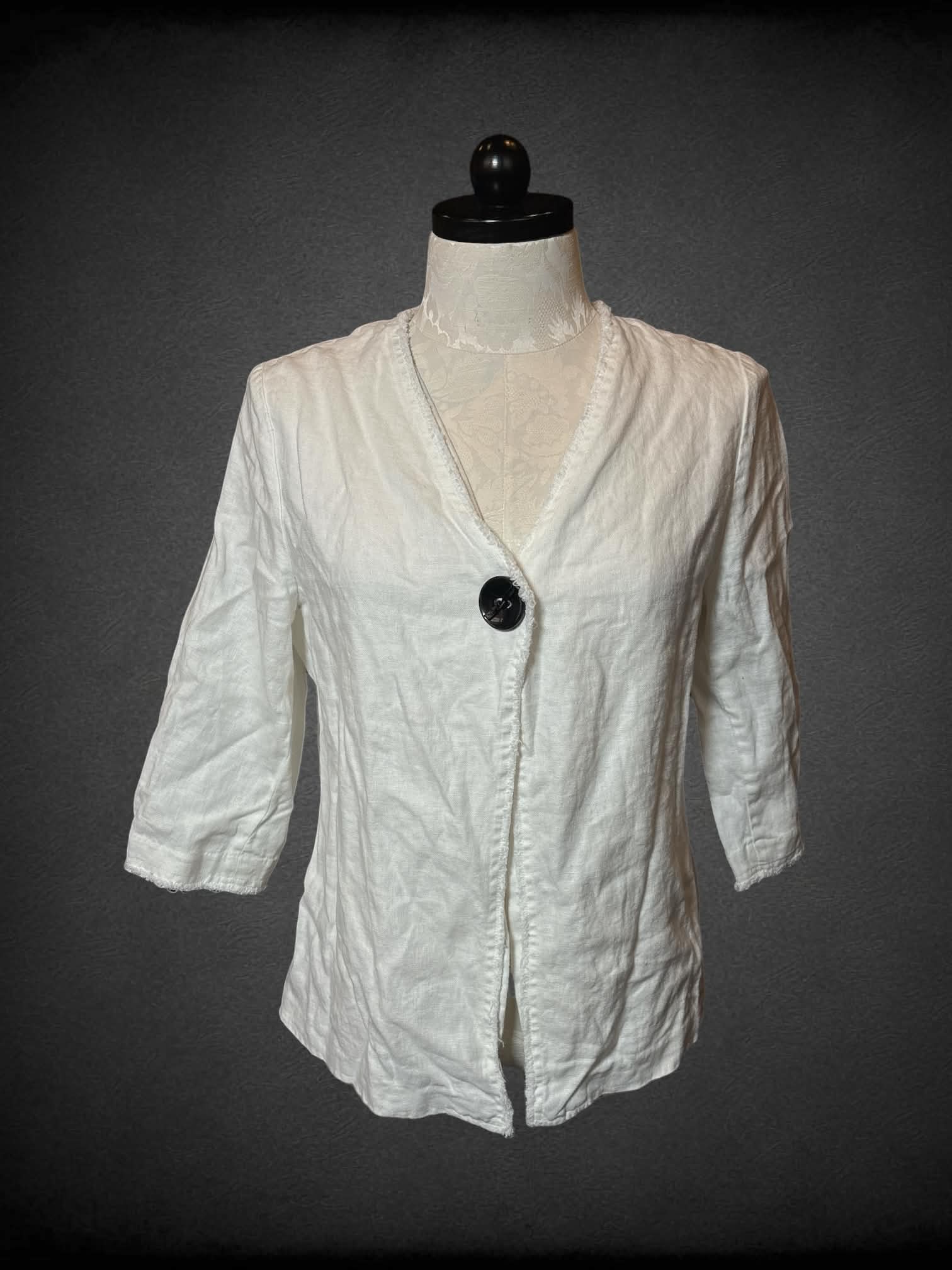 XL Chico’s white three-quarter sleeve cardigan with one button on front